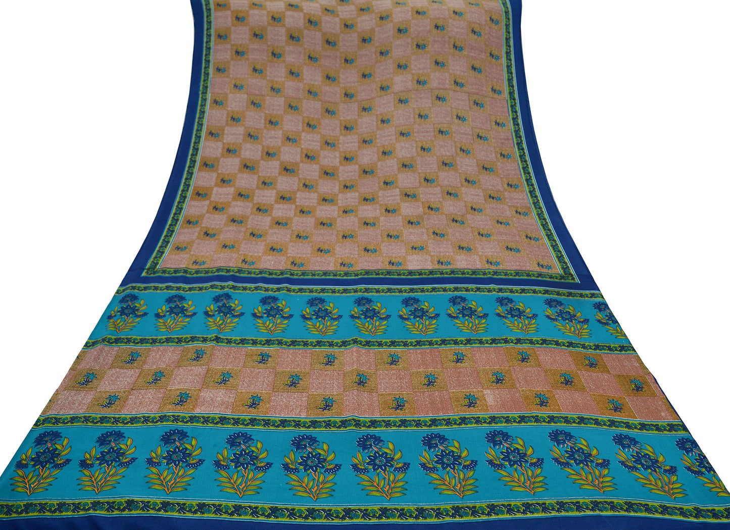 Indian Vintage Sari Brown & Blue Moss Crepe Printed Sarees Craft Fabric 5yd Sewing Floral Soft Dress making Quilting Crafting Upcycle Used