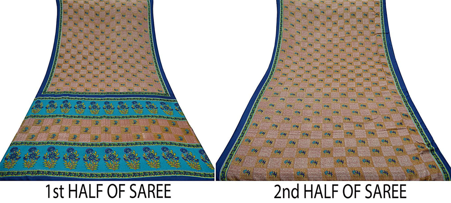 Indian Vintage Sari Brown & Blue Moss Crepe Printed Sarees Craft Fabric 5yd Sewing Floral Soft Dress making Quilting Crafting Upcycle Used