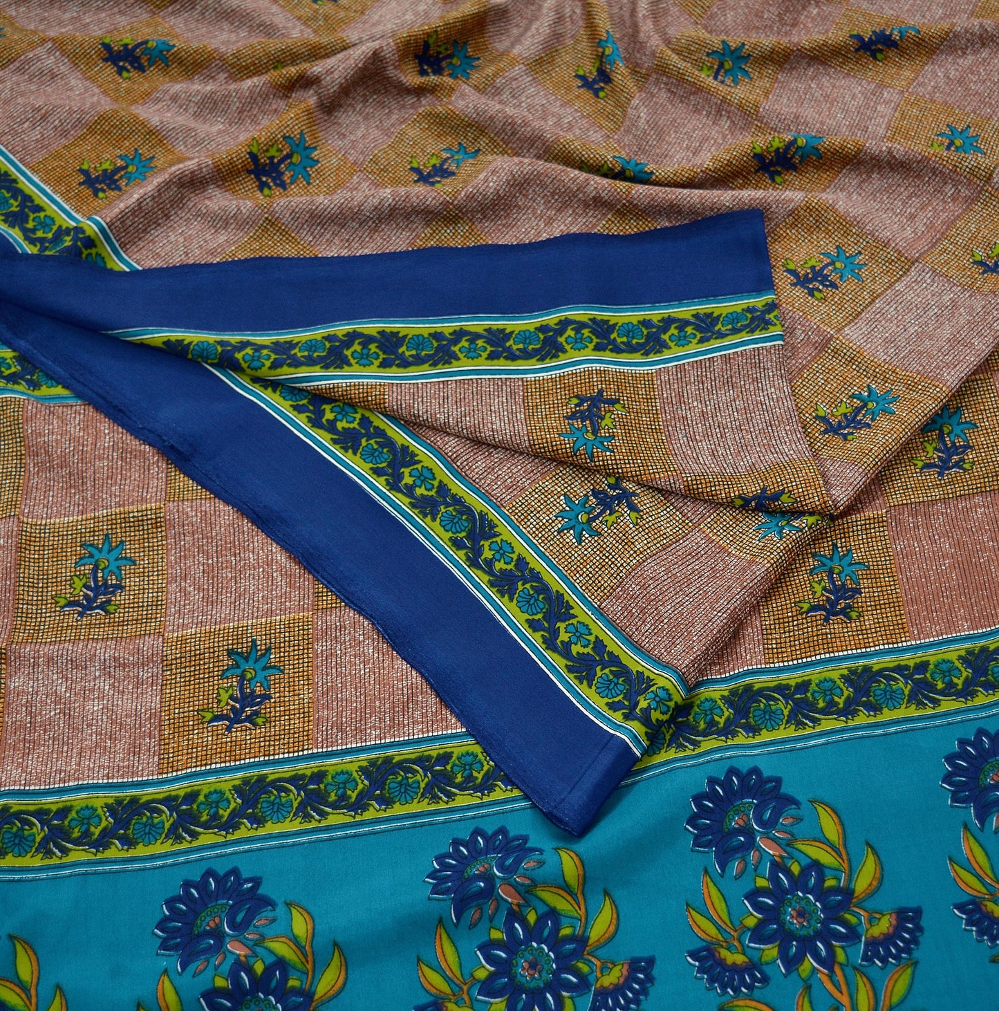 Indian Vintage Sari Brown & Blue Moss Crepe Printed Sarees Craft Fabric 5yd Sewing Floral Soft Dress making Quilting Crafting Upcycle Used