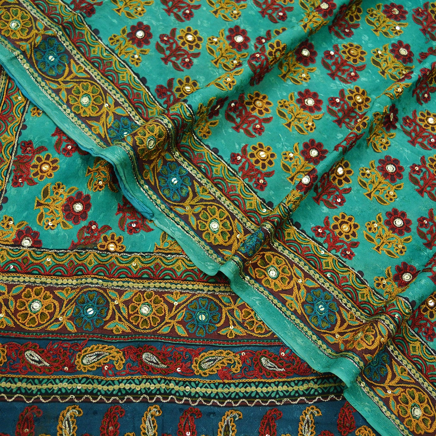 Indian Vintage Sari Green 100% Pure Silk Hand Embroidered Sarees 5yd Craft Fabric Zari Sequins Ethnic Upcycle Quilting Crafting Dress Making