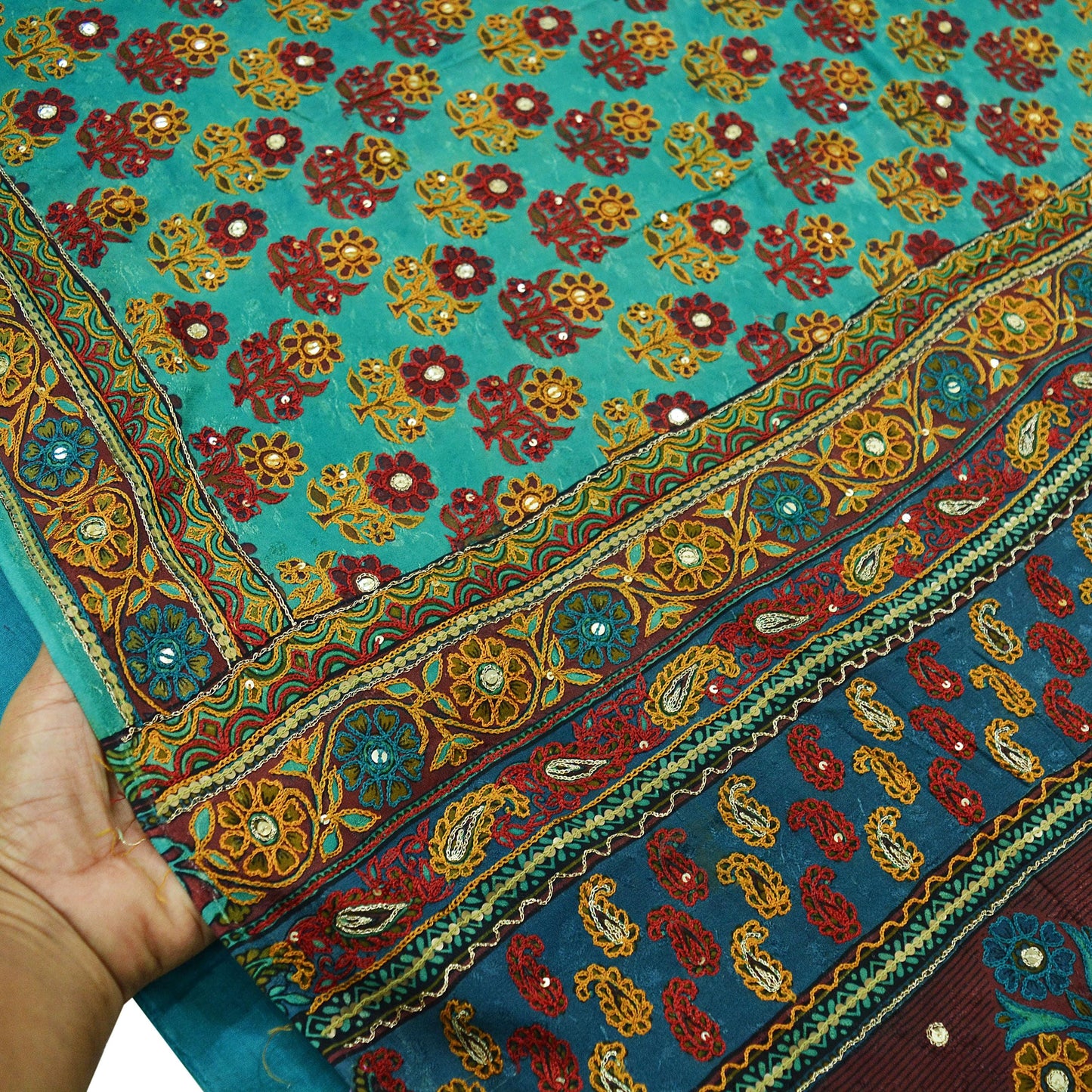 Indian Vintage Sari Green 100% Pure Silk Hand Embroidered Sarees 5yd Craft Fabric Zari Sequins Ethnic Upcycle Quilting Crafting Dress Making