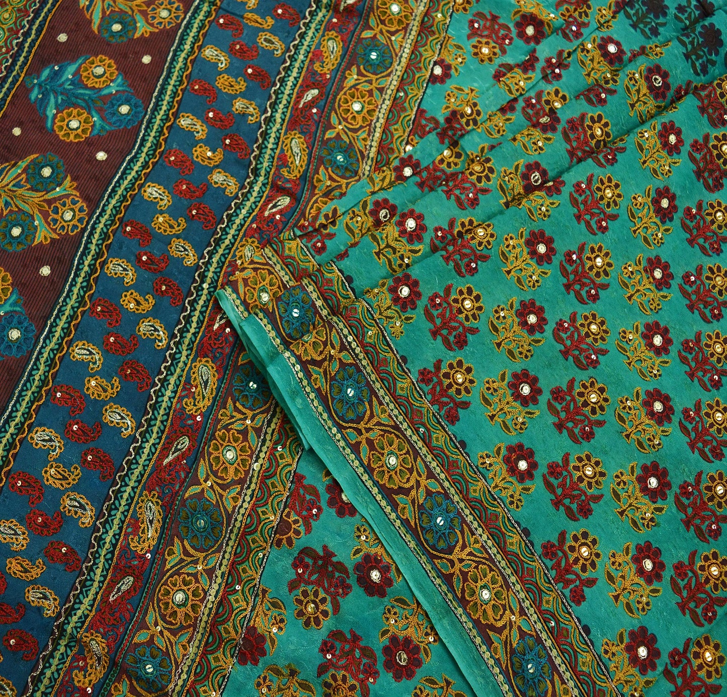 Indian Vintage Sari Green 100% Pure Silk Hand Embroidered Sarees 5yd Craft Fabric Zari Sequins Ethnic Upcycle Quilting Crafting Dress Making