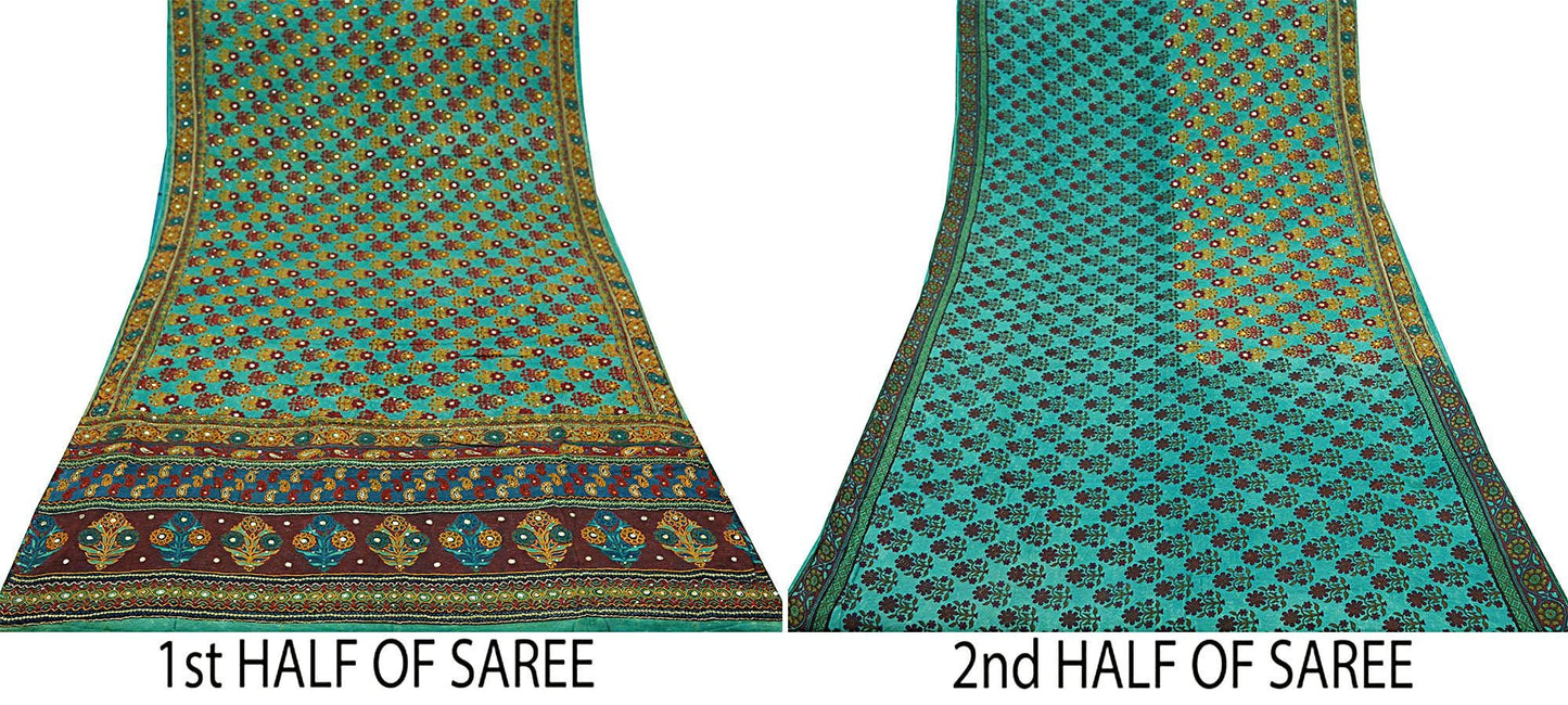Indian Vintage Sari Green 100% Pure Silk Hand Embroidered Sarees 5yd Craft Fabric Zari Sequins Ethnic Upcycle Quilting Crafting Dress Making