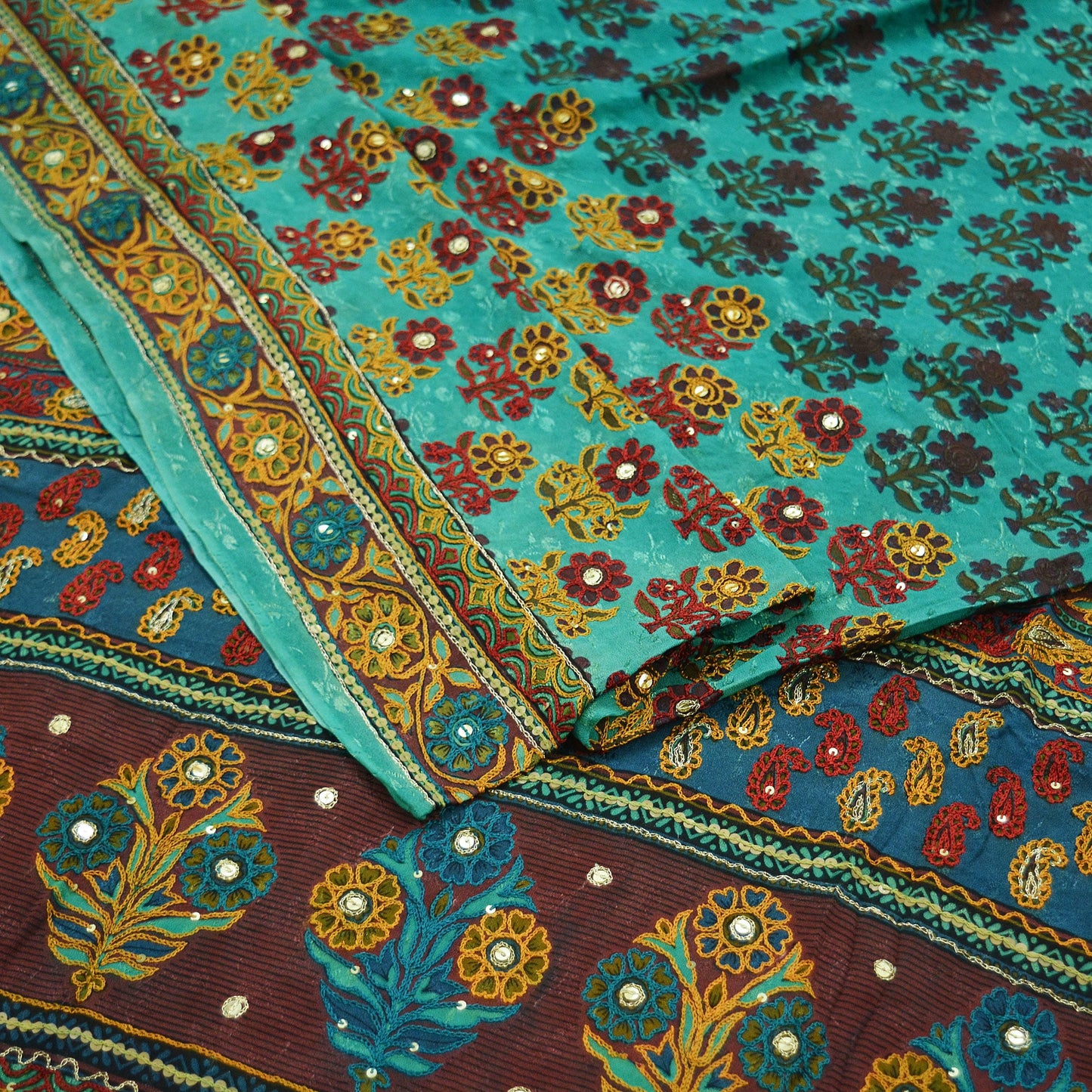 Indian Vintage Sari Green 100% Pure Silk Hand Embroidered Sarees 5yd Craft Fabric Zari Sequins Ethnic Upcycle Quilting Crafting Dress Making