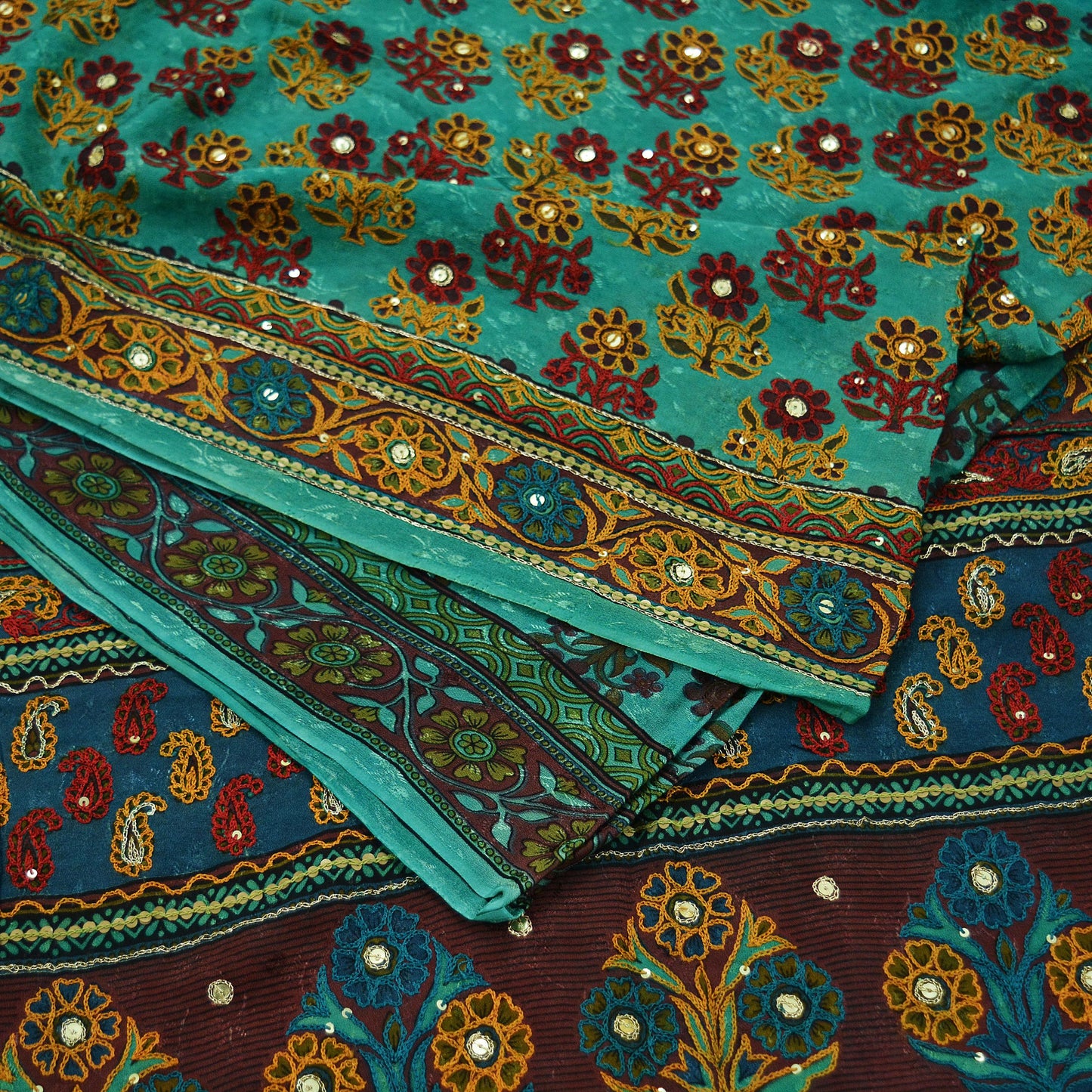 Indian Vintage Sari Green 100% Pure Silk Hand Embroidered Sarees 5yd Craft Fabric Zari Sequins Ethnic Upcycle Quilting Crafting Dress Making