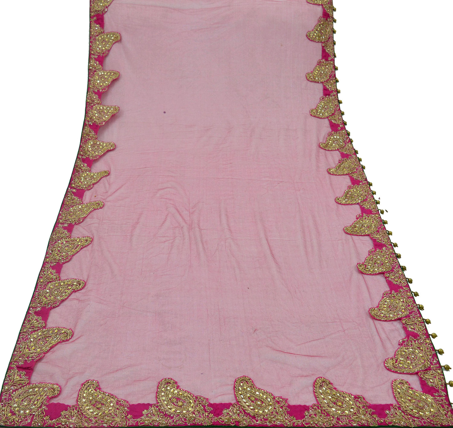 Indian Vintage Heavy Bridal Rani Pink Dupatta Net Mesh Long Stole Hand Embroidered Scarves Zardozi Dabka Zari Wedding Veil Paisley Patch