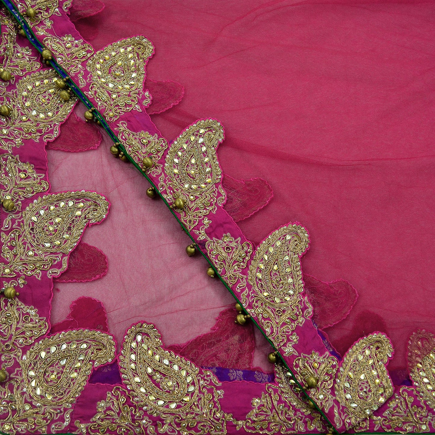 Indian Vintage Heavy Bridal Rani Pink Dupatta Net Mesh Long Stole Hand Embroidered Scarves Zardozi Dabka Zari Wedding Veil Paisley Patch
