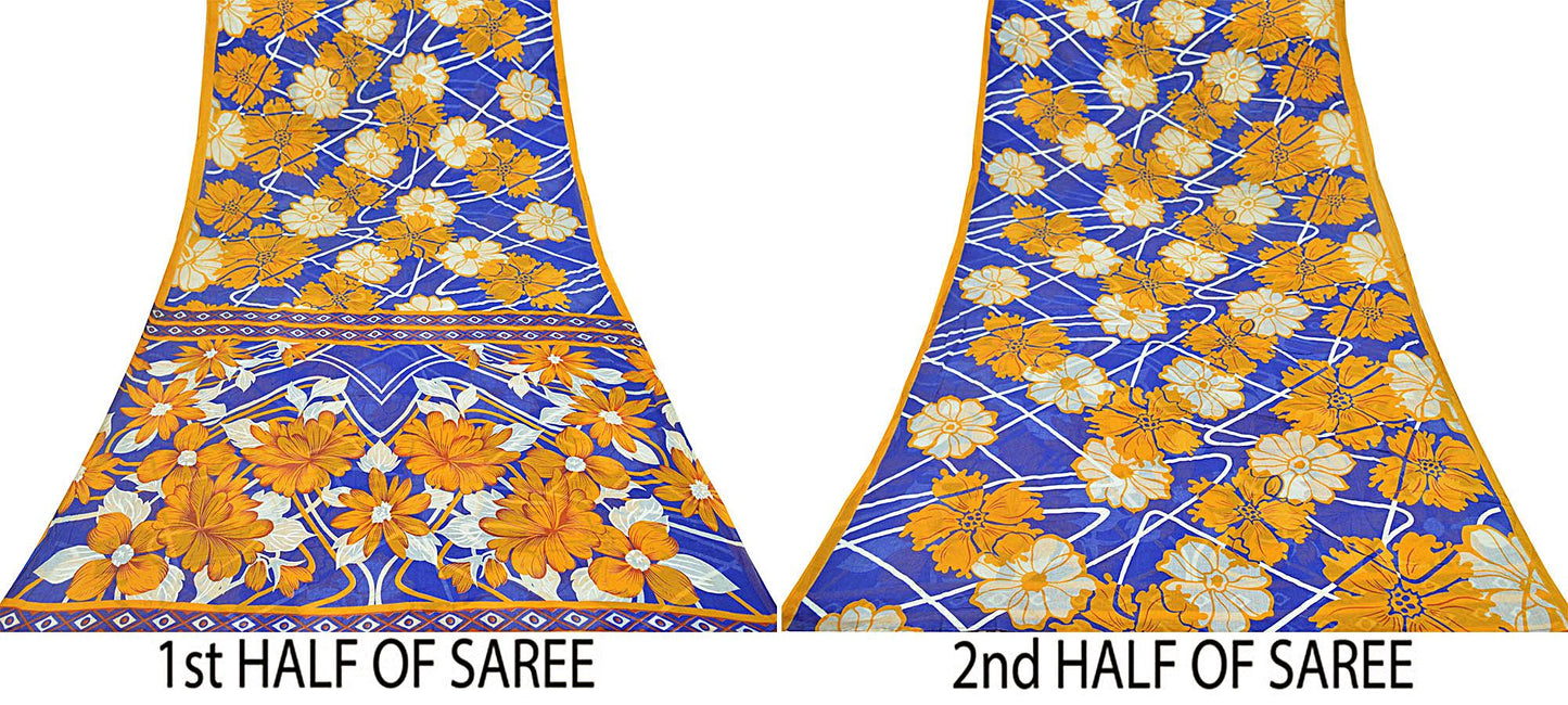 Indian Vintage Sari Blue Printed 100% Pure Cotton Sarees Craft Fabric 5Yd Sewing Sarong Wrap Boho Quilting Crafting Upcycle Dress Making