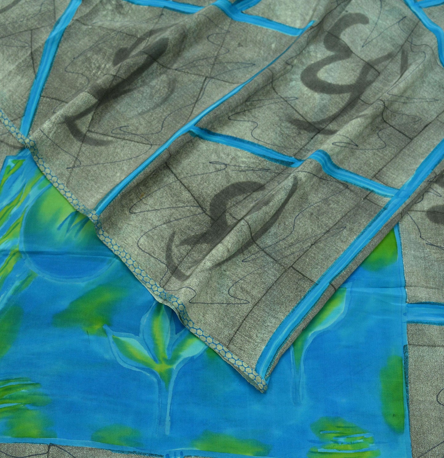 Indian Vintage Sari Blue & Gray Pure Printed Crepe Silk Sarees 5yd Sewing Soft Craft Fabric Wrap Sewing Dress Making Crafting Quilting