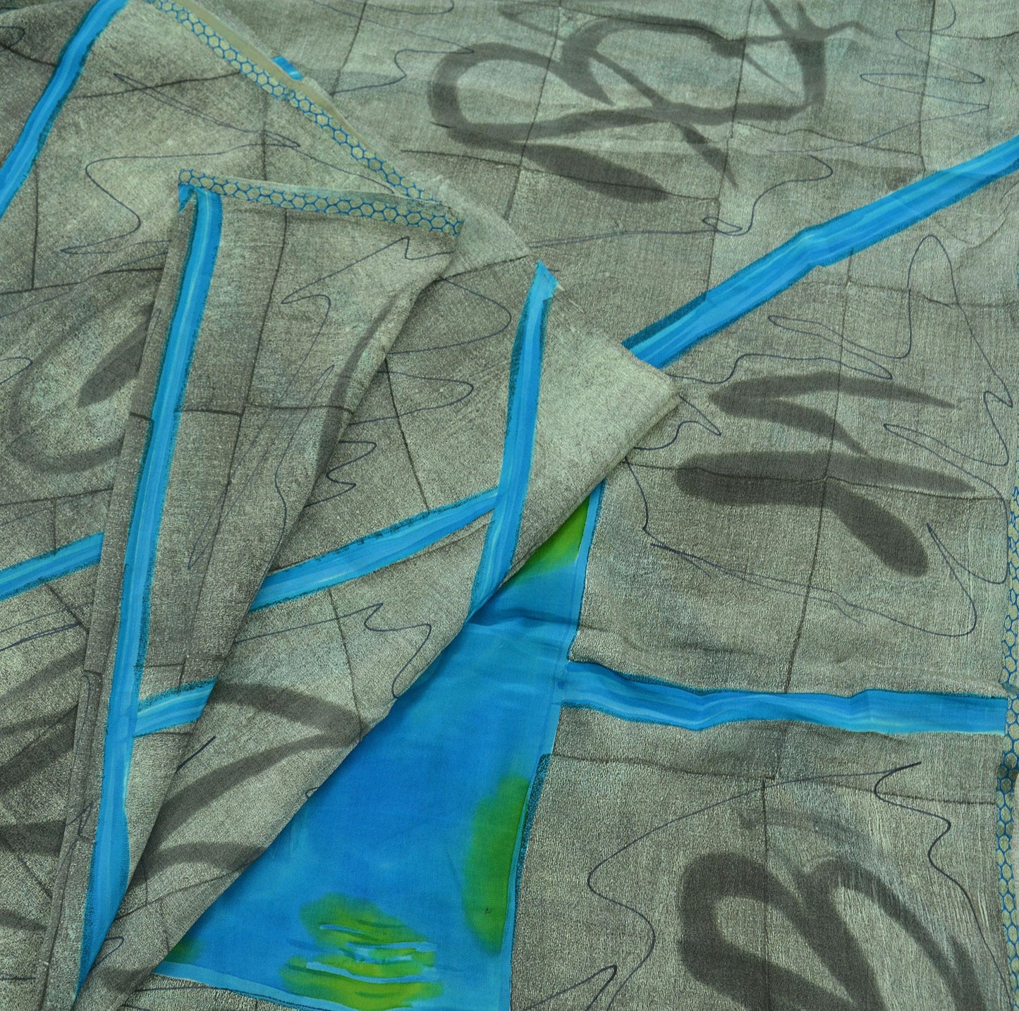 Indian Vintage Sari Blue & Gray Pure Printed Crepe Silk Sarees 5yd Sewing Soft Craft Fabric Wrap Sewing Dress Making Crafting Quilting