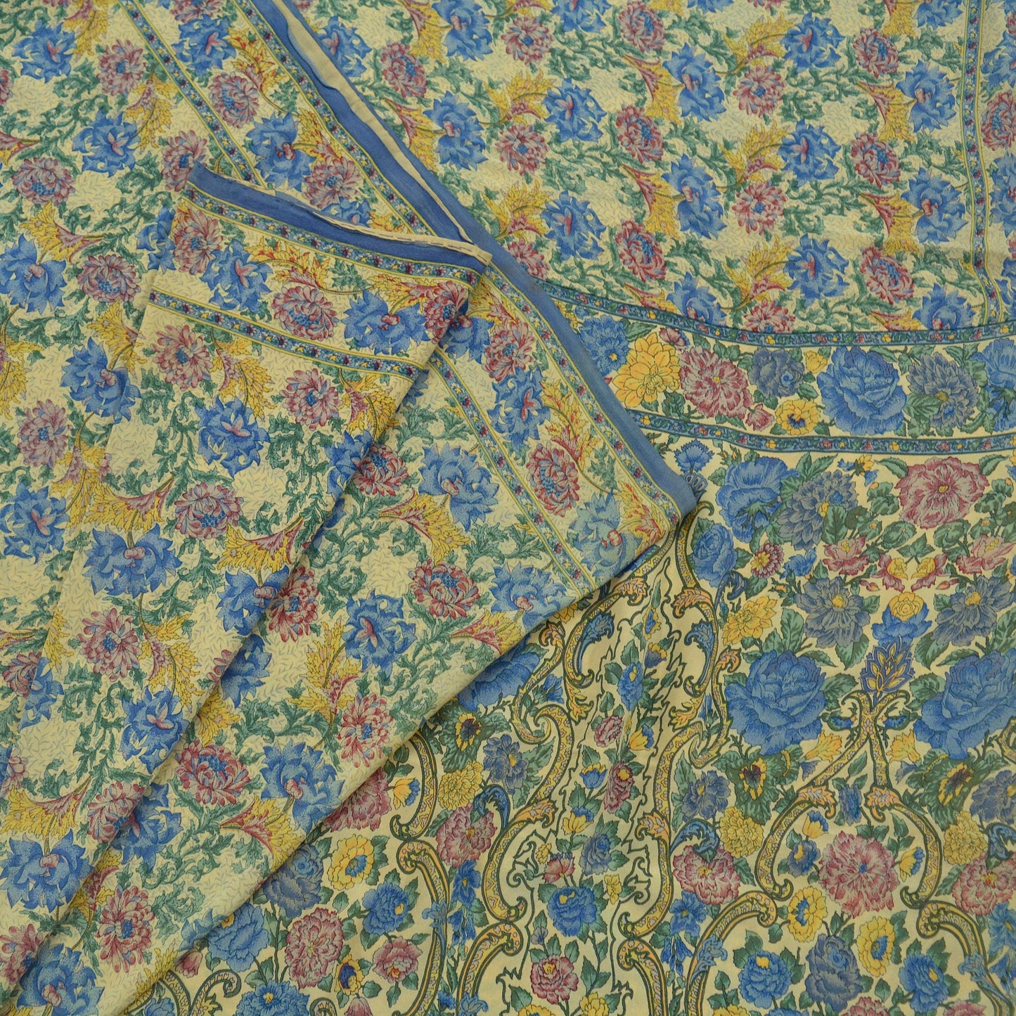 Indian Vintage Sari Beige Pure Crepe Silk Printed Sarees 5yd Sewing Floral Soft Craft Fabric Wrap Dress making Upcycle Crafting Quilting