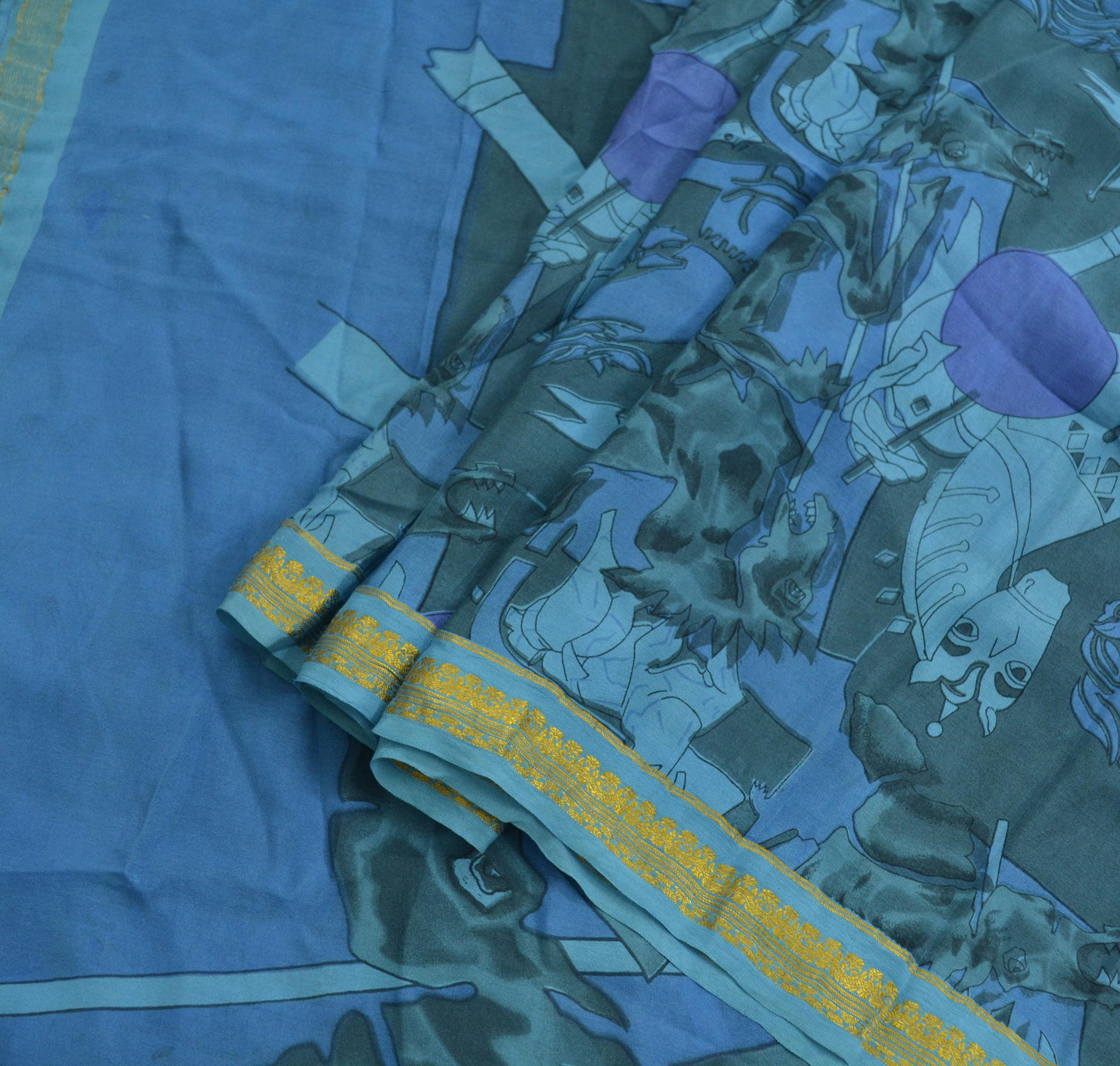 Indian Vintage Sari Blue & Gray Pure Silk Printed Sarees 5yd Sewing Craft Fabric Dress Making Wrap Abstract Zari Quilting Crafting Upcycle