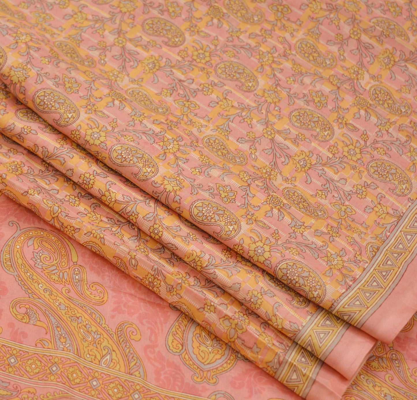 Indian Vintage Peach Saree 100% Pure Silk Printed Sari Craft Fabric Soft 5yd Sewing Dress Making Soft Floral Crafting Quilting Upcycle