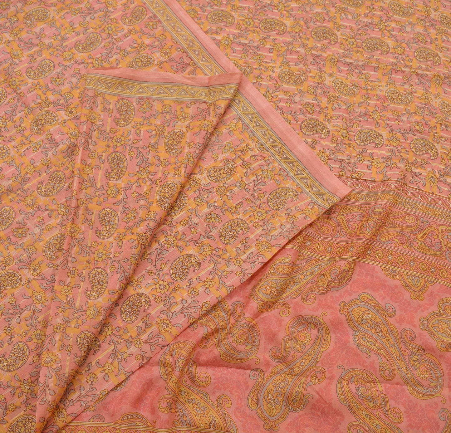 Indian Vintage Peach Saree 100% Pure Silk Printed Sari Craft Fabric Soft 5yd Sewing Dress Making Soft Floral Crafting Quilting Upcycle