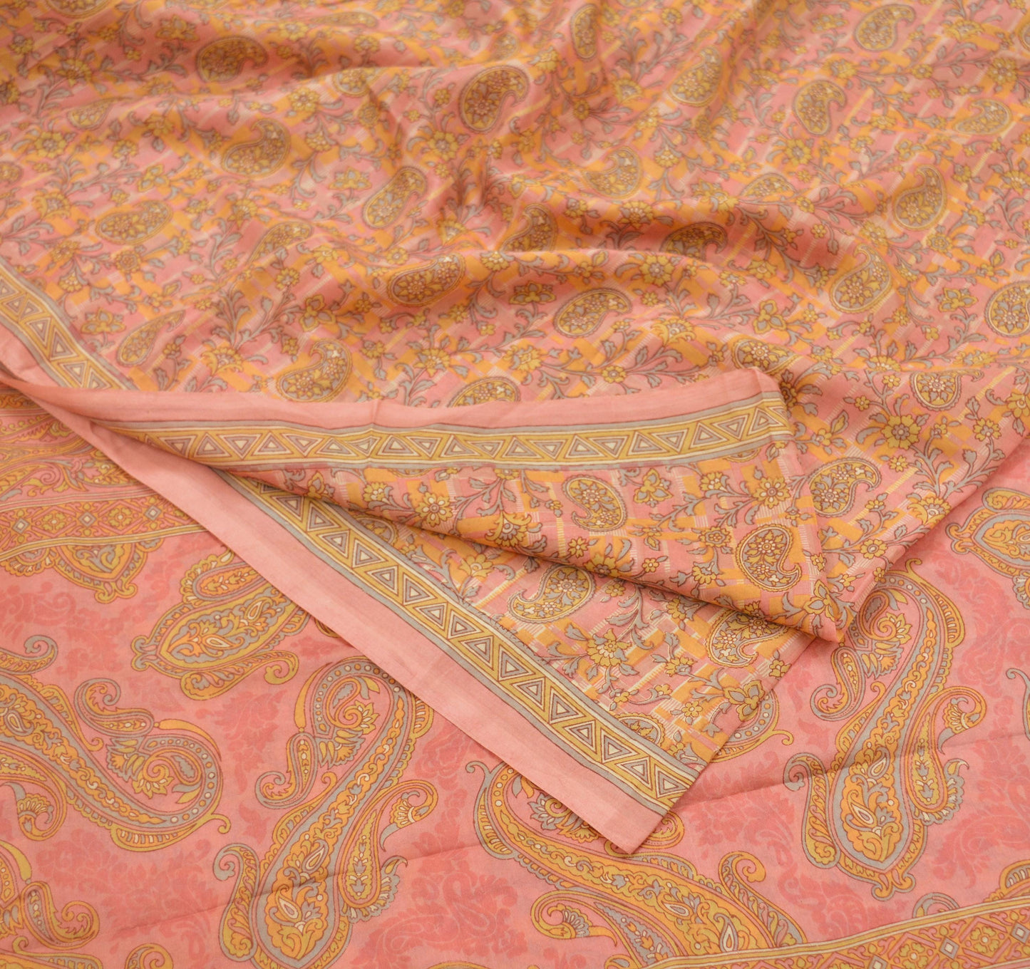 Indian Vintage Peach Saree 100% Pure Silk Printed Sari Craft Fabric Soft 5yd Sewing Dress Making Soft Floral Crafting Quilting Upcycle