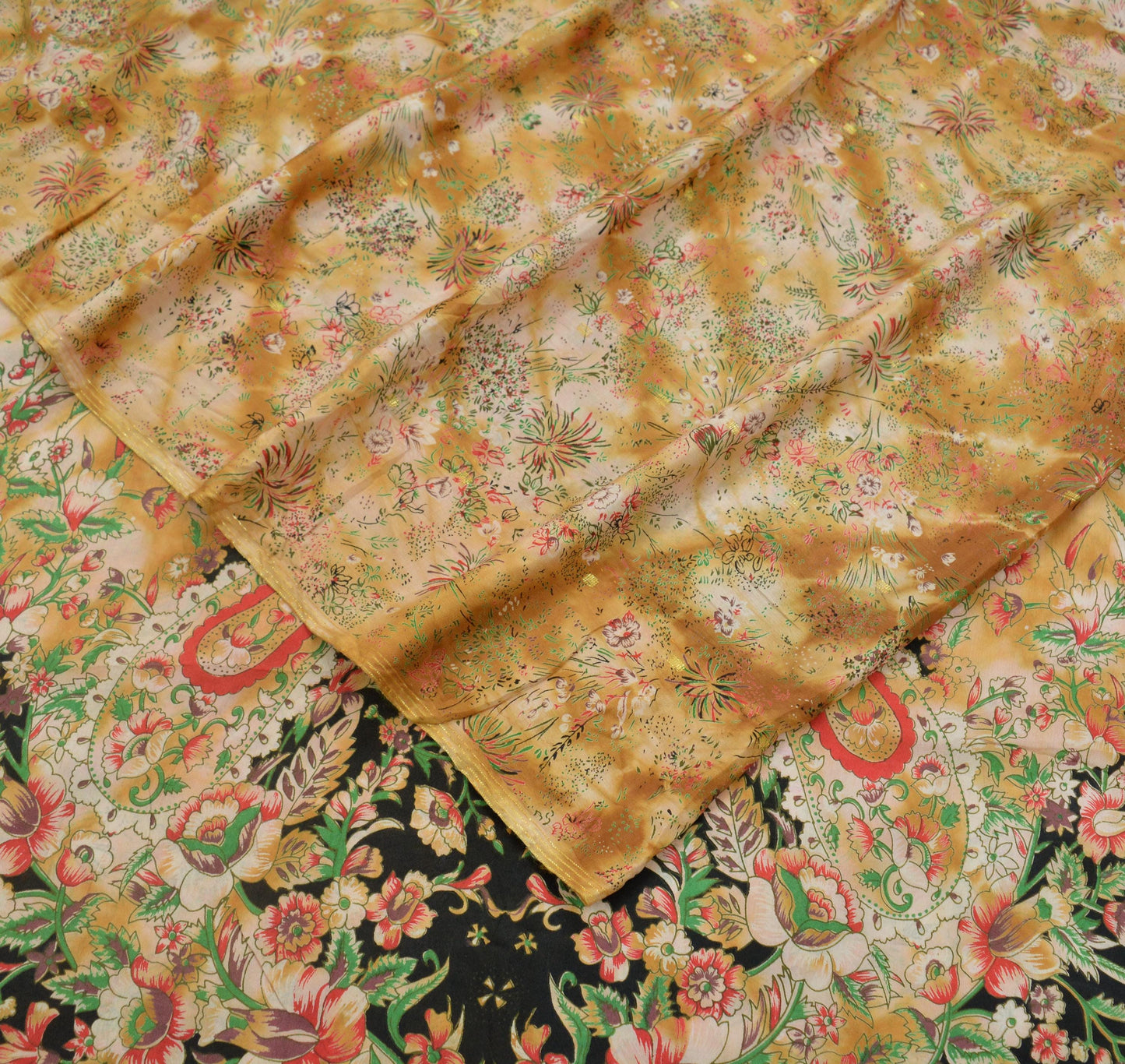 Indian Vintage Saffron & Beige Saree Pure Silk Printed Indian Sari Fabric 5yard Sewing Craft Dress Making Soft Floral Quilting Crafting