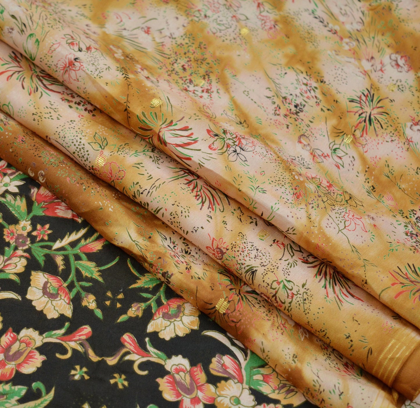Indian Vintage Saffron & Beige Saree Pure Silk Printed Indian Sari Fabric 5yard Sewing Craft Dress Making Soft Floral Quilting Crafting