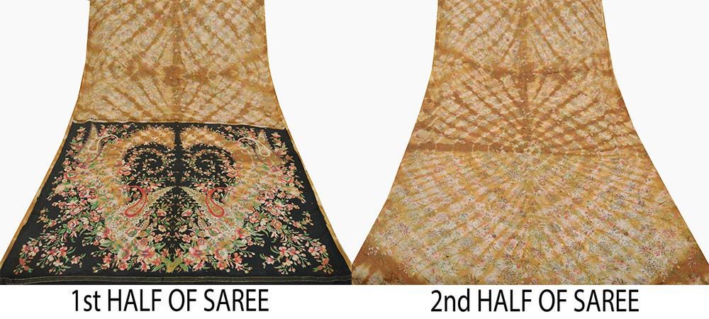 Indian Vintage Saffron & Beige Saree Pure Silk Printed Indian Sari Fabric 5yard Sewing Craft Dress Making Soft Floral Quilting Crafting