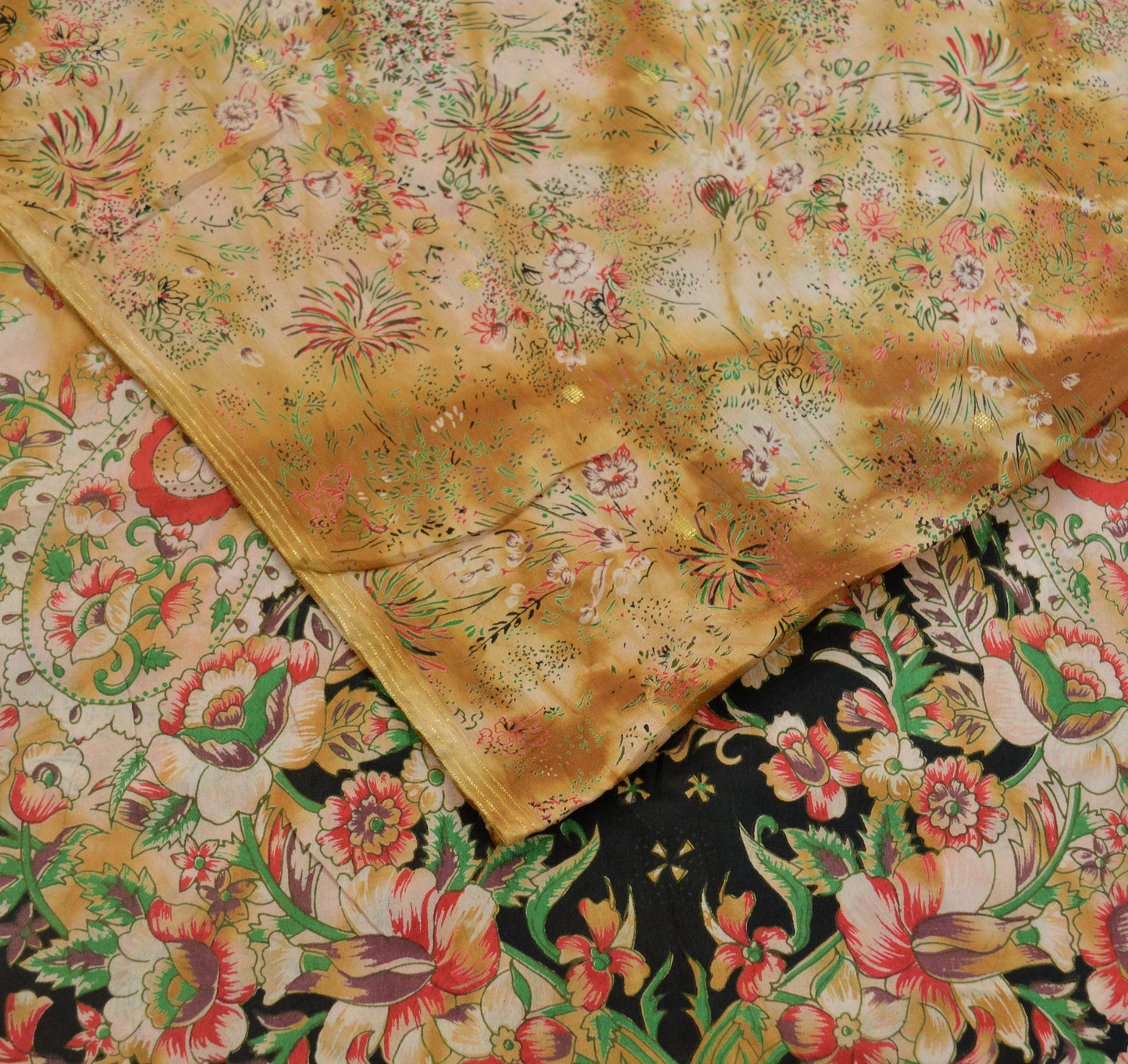 Indian Vintage Saffron & Beige Saree Pure Silk Printed Indian Sari Fabric 5yard Sewing Craft Dress Making Soft Floral Quilting Crafting