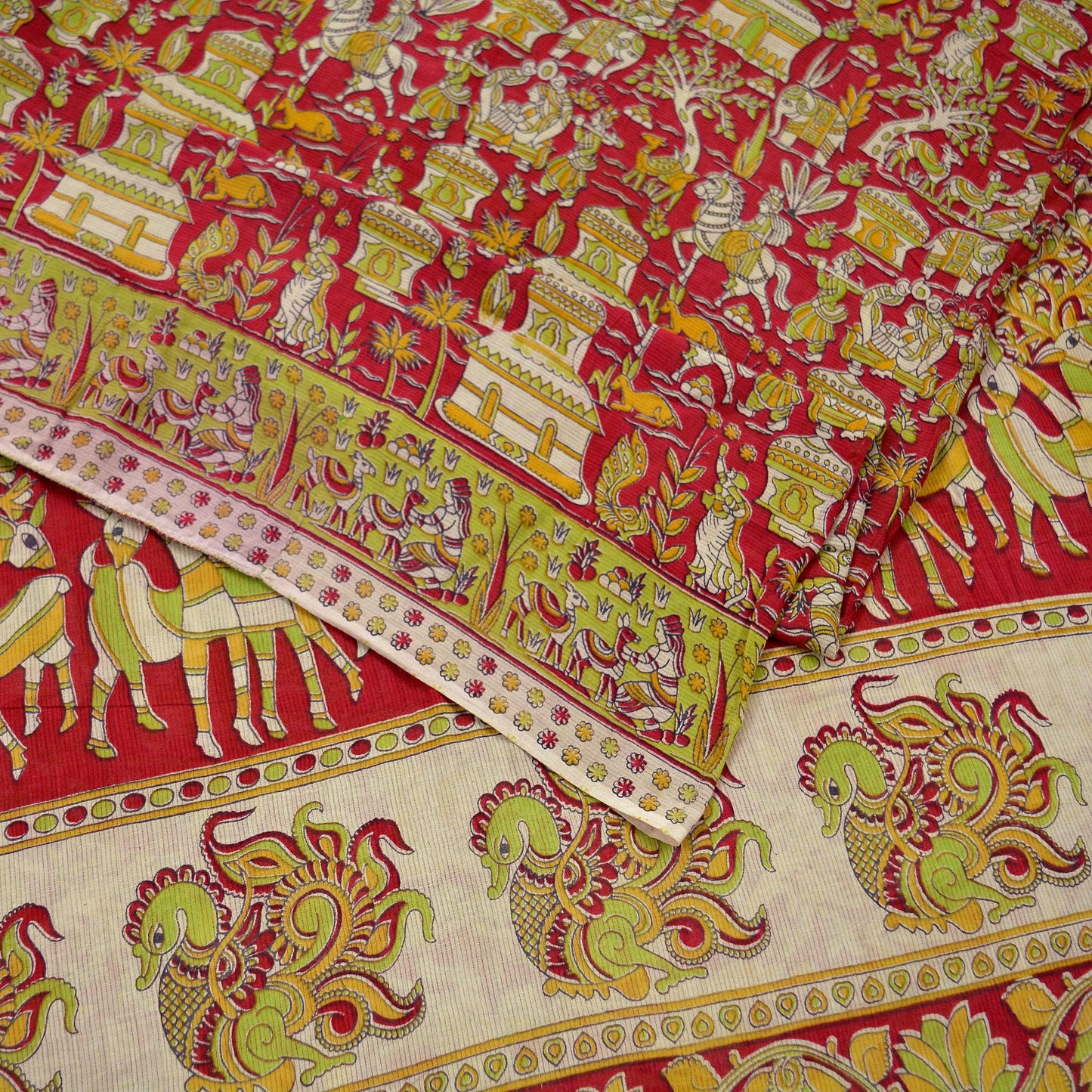 Indian Vintage Sari Red Pure Cotton Kalamkari Sarees 5Yd Craft Fabric Sewing Soft Peacock Ethnic Quilting Upcycle Sarong Used Dress Making
