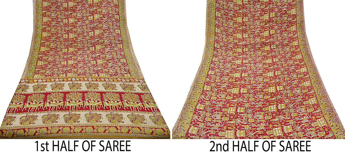 Indian Vintage Sari Red Pure Cotton Kalamkari Sarees 5Yd Craft Fabric Sewing Soft Peacock Ethnic Quilting Upcycle Sarong Used Dress Making