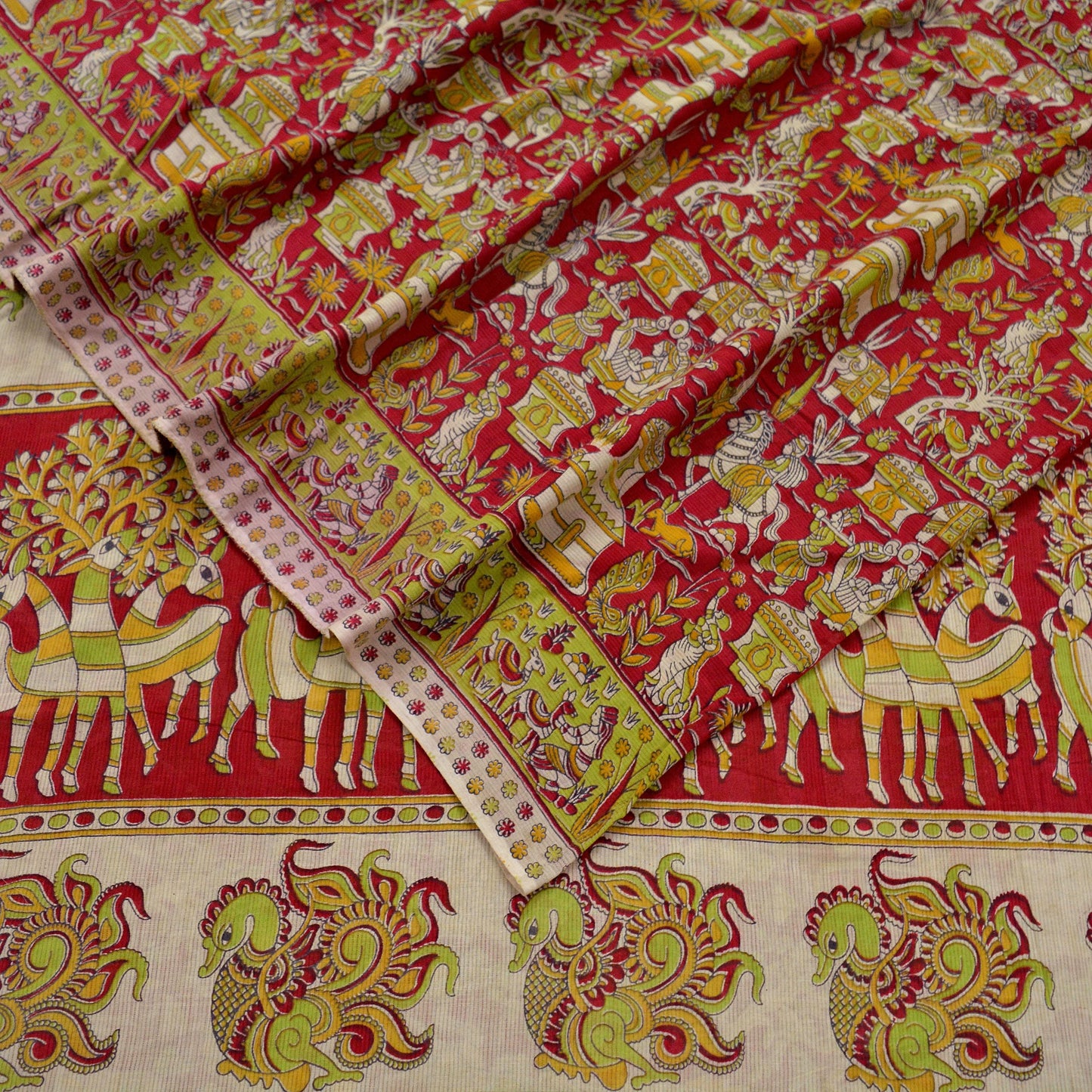 Indian Vintage Sari Red Pure Cotton Kalamkari Sarees 5Yd Craft Fabric Sewing Soft Peacock Ethnic Quilting Upcycle Sarong Used Dress Making