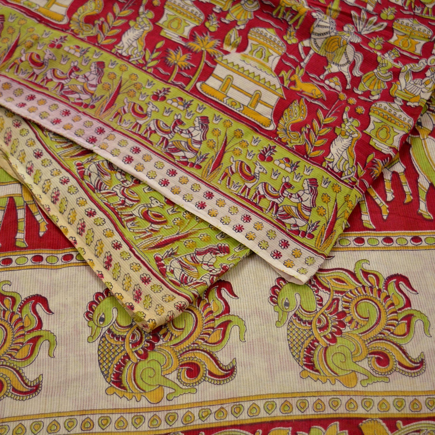 Indian Vintage Sari Red Pure Cotton Kalamkari Sarees 5Yd Craft Fabric Sewing Soft Peacock Ethnic Quilting Upcycle Sarong Used Dress Making