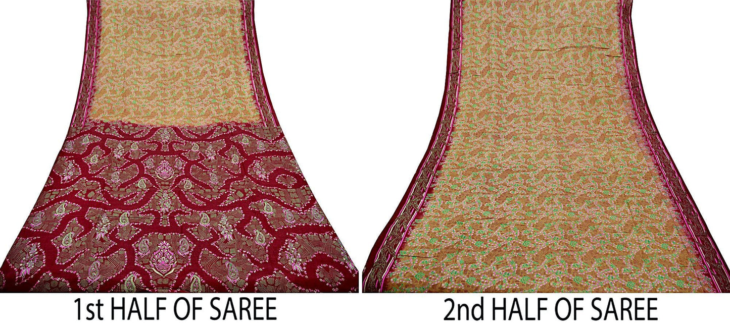 Indian Vintage Sari Beige & Maroon 100% Pure Silk Printed Sarees Craft Fabric 6yd Sewing Dress Making Soft Floral Upcycle Quilting Crating