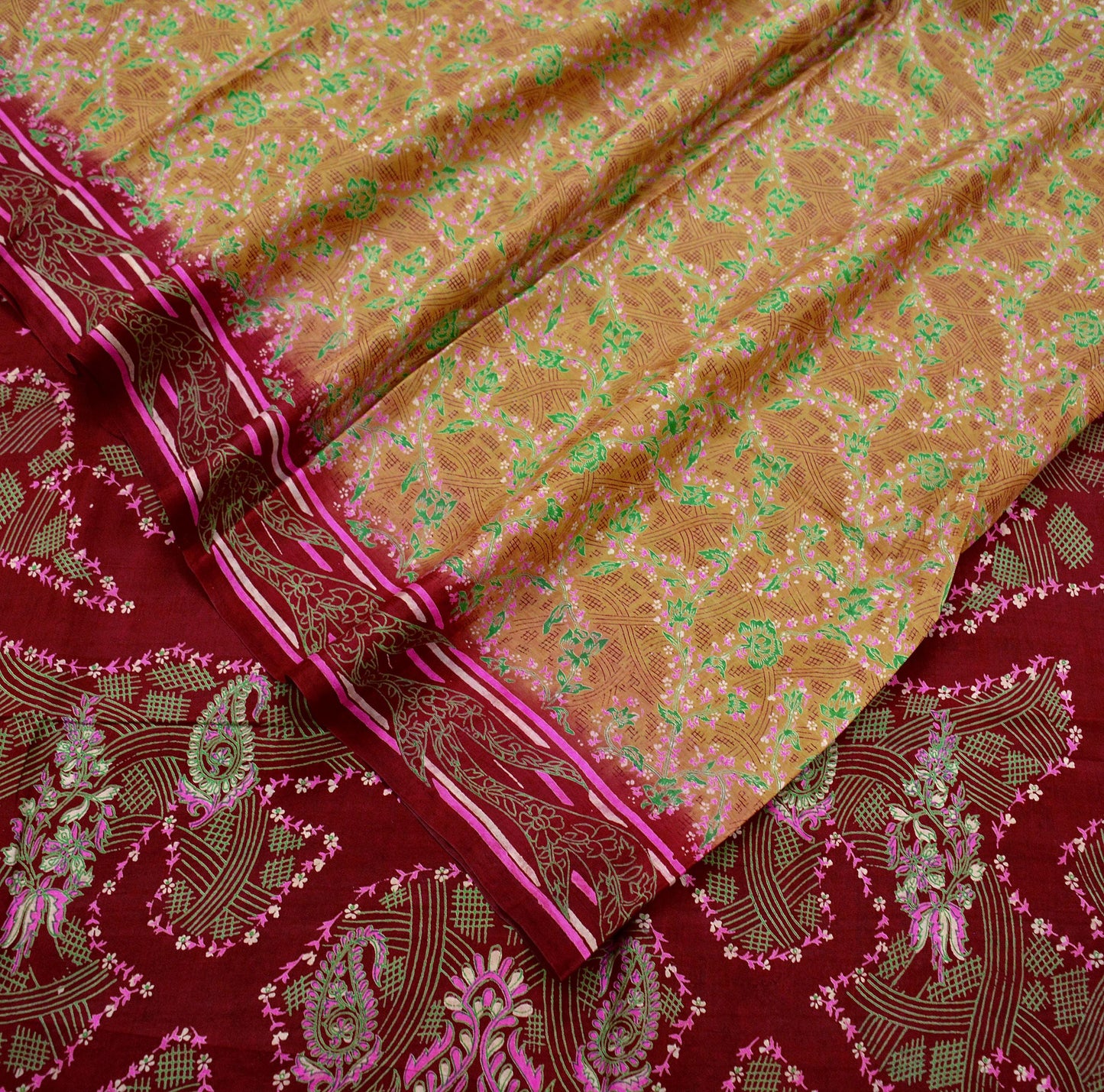 Indian Vintage Sari Beige & Maroon 100% Pure Silk Printed Sarees Craft Fabric 6yd Sewing Dress Making Soft Floral Upcycle Quilting Crating