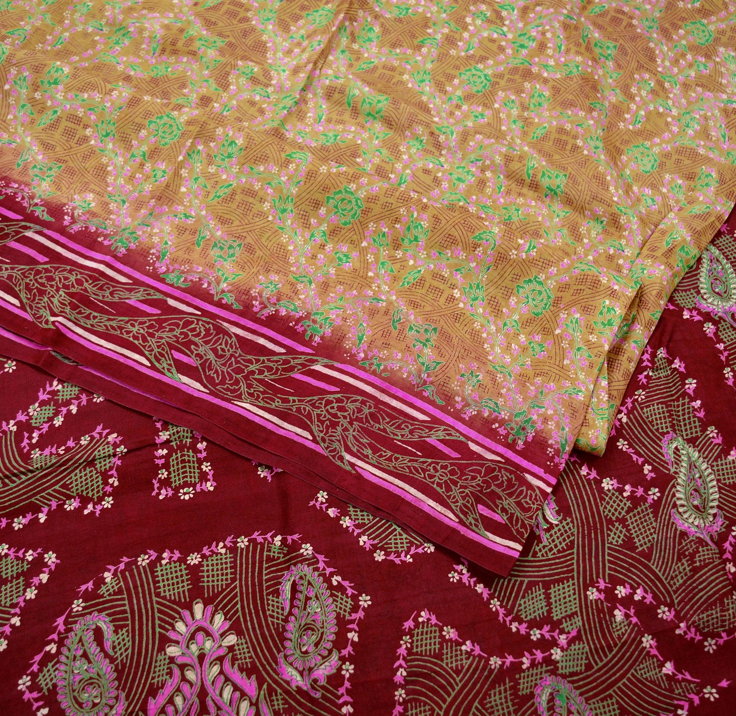 Indian Vintage Sari Beige & Maroon 100% Pure Silk Printed Sarees Craft Fabric 6yd Sewing Dress Making Soft Floral Upcycle Quilting Crating