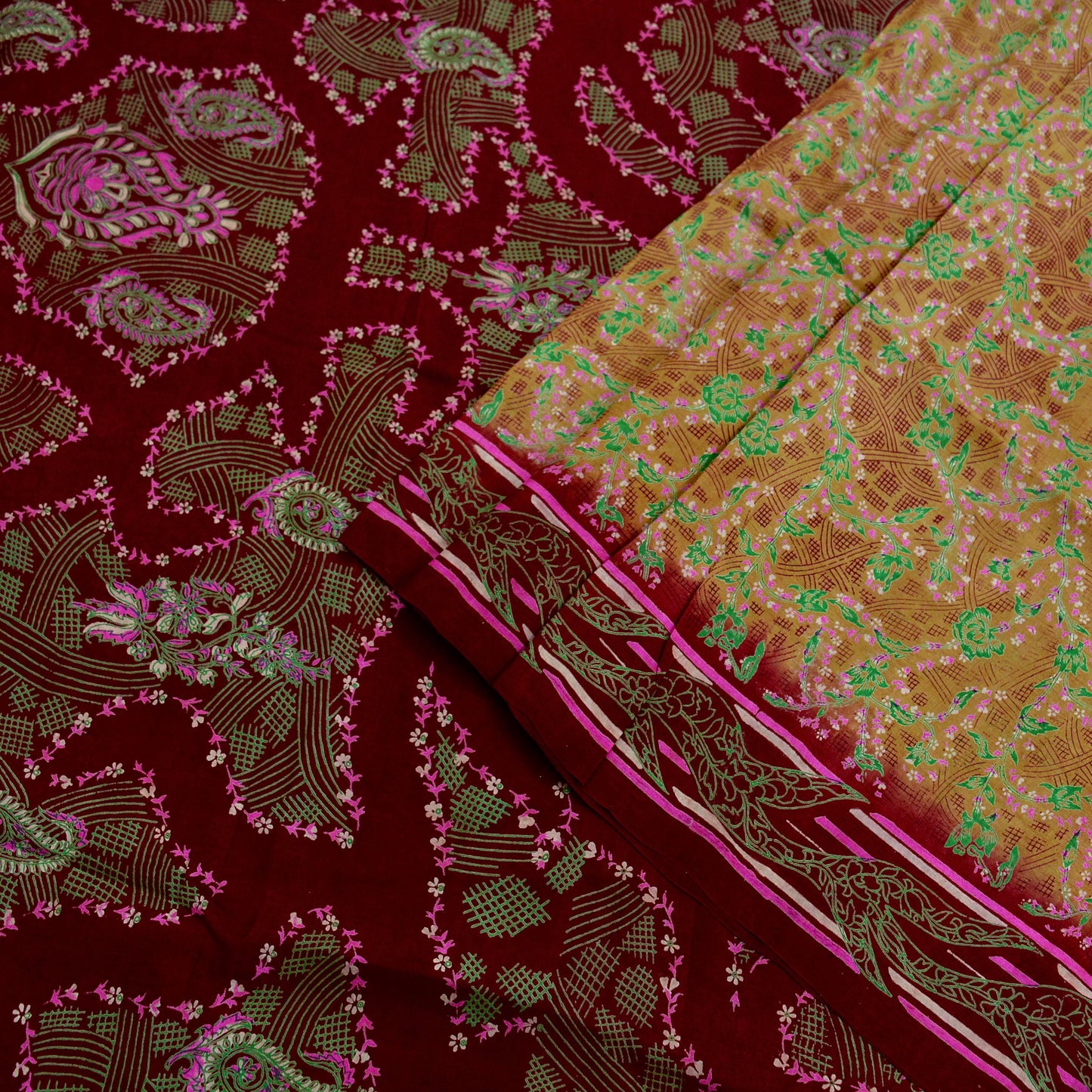 Indian Vintage Sari Beige & Maroon 100% Pure Silk Printed Sarees Craft Fabric 6yd Sewing Dress Making Soft Floral Upcycle Quilting Crating