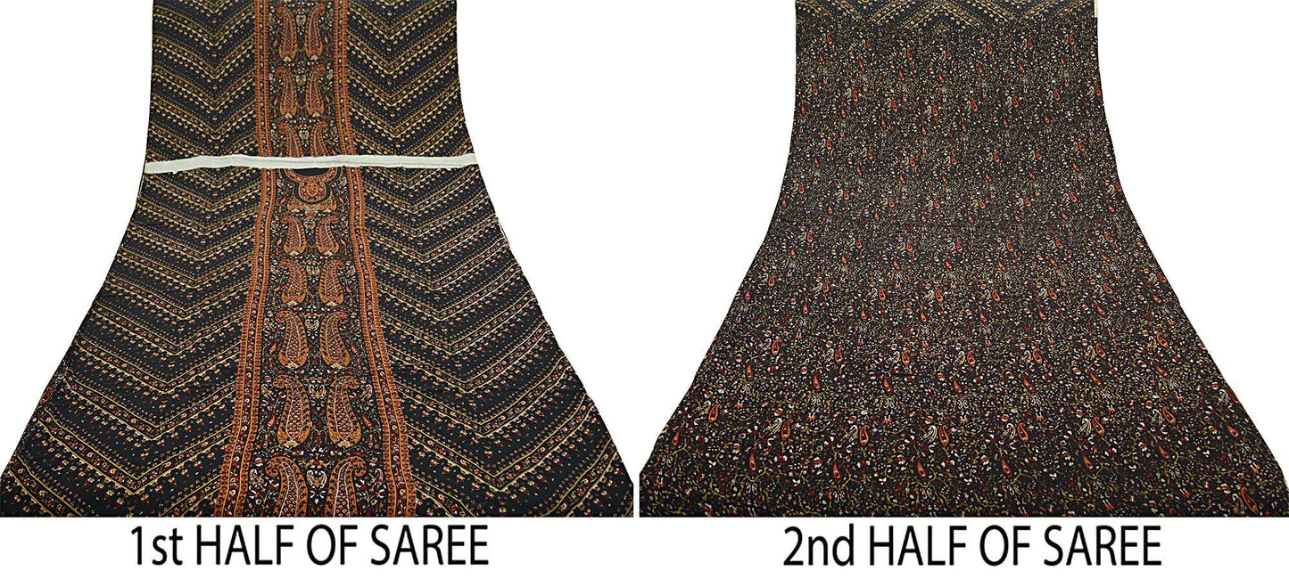 Indian Vintage Sari Black Pure Crepe Silk Printed Sarees 5yd Sewing Craft Fabric Soft Wrap Upcycle Crafting Dress Designing Quilting Paisley