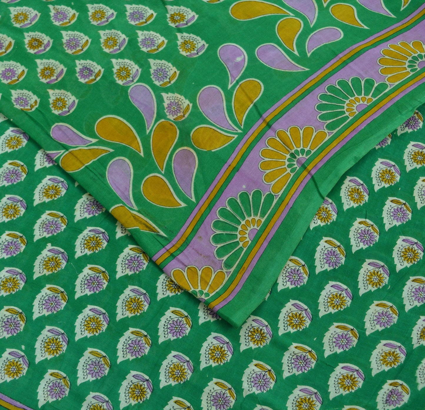 Indian Vintage Green Saree Printed Pure Cotton Indian Sari Craft Soft Fabric 5Yard Sewing Sarong Wrap Boho Floral