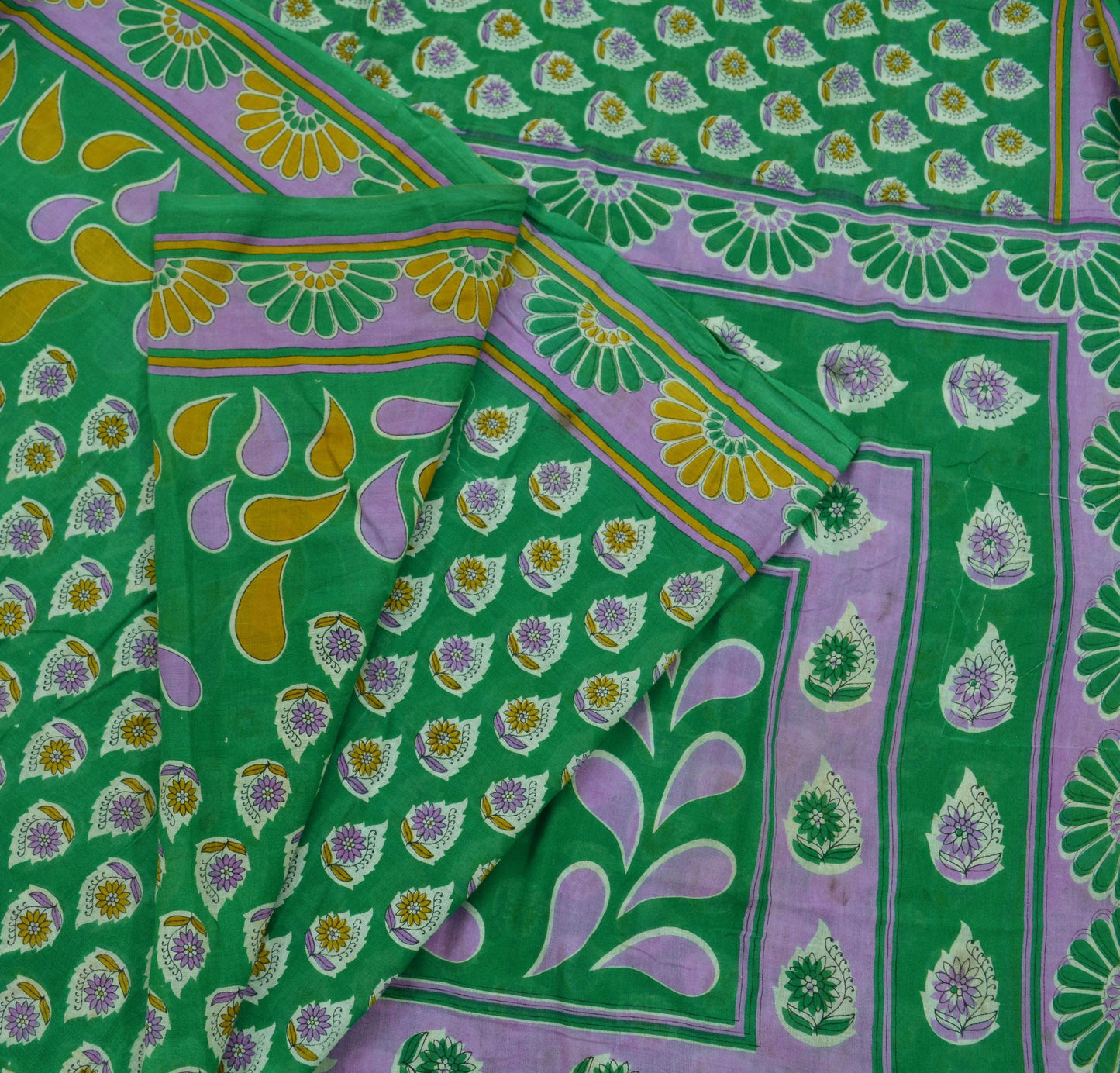 Indian Vintage Green Saree Printed Pure Cotton Indian Sari Craft Soft Fabric 5Yard Sewing Sarong Wrap Boho Floral