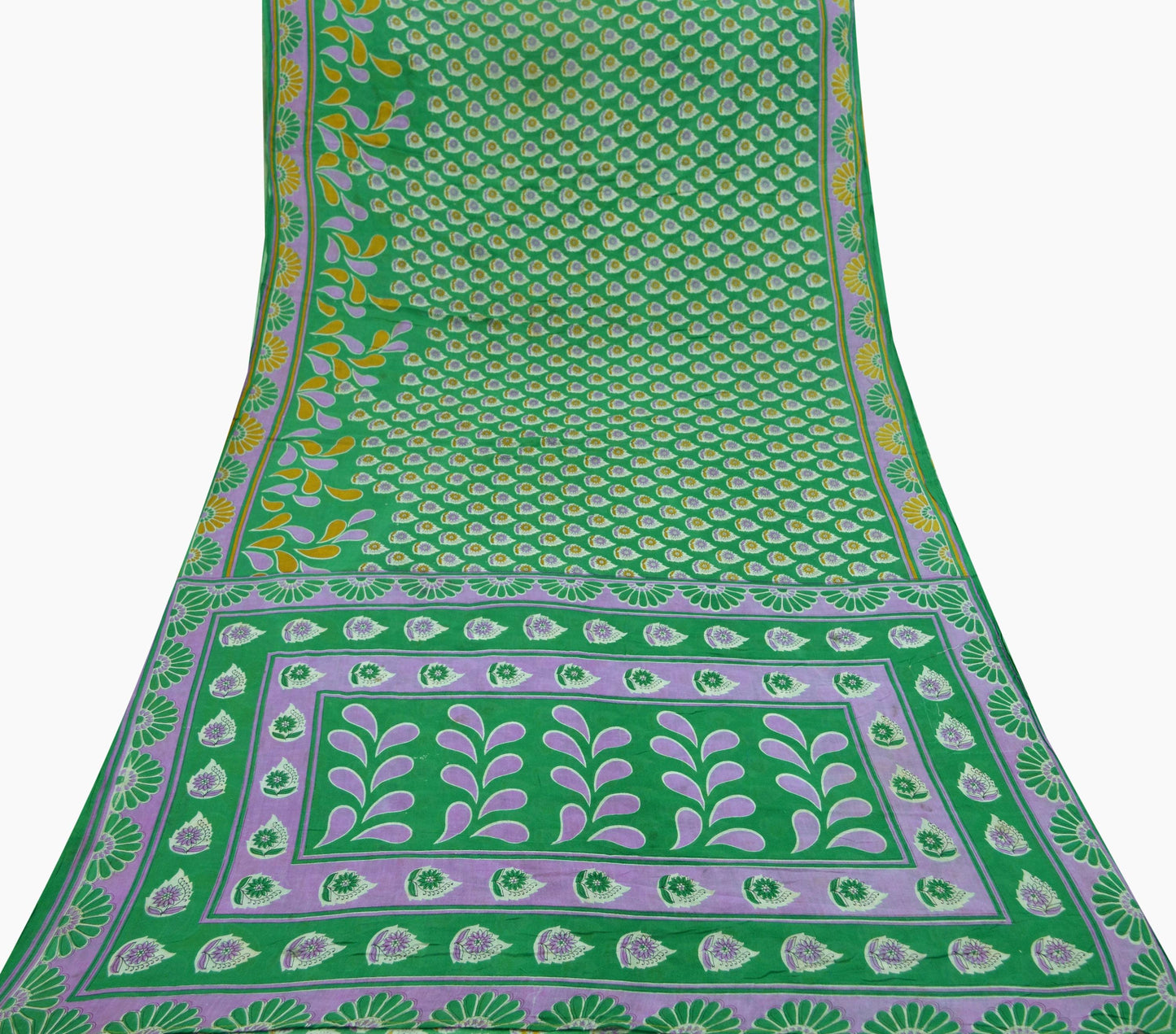 Indian Vintage Green Saree Printed Pure Cotton Indian Sari Craft Soft Fabric 5Yard Sewing Sarong Wrap Boho Floral