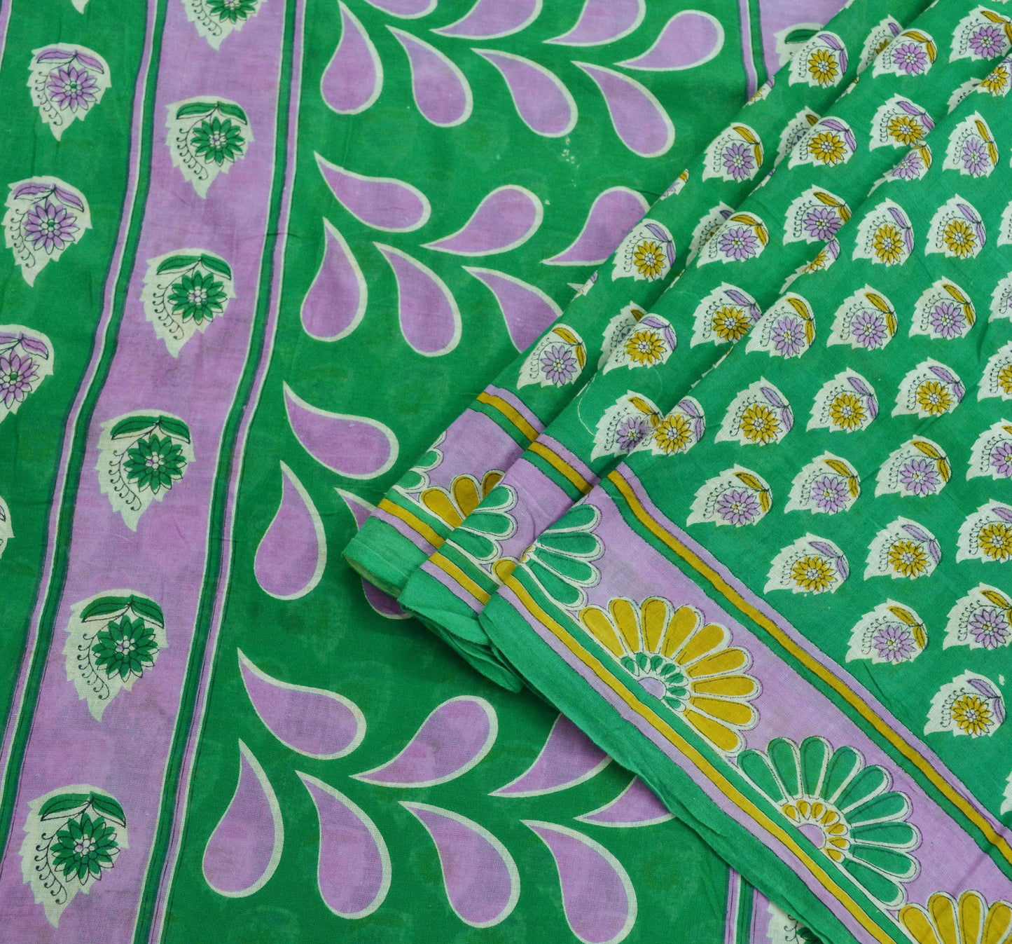 Indian Vintage Green Saree Printed Pure Cotton Indian Sari Craft Soft Fabric 5Yard Sewing Sarong Wrap Boho Floral