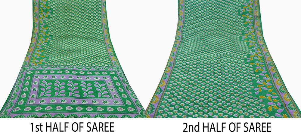 Indian Vintage Green Saree Printed Pure Cotton Indian Sari Craft Soft Fabric 5Yard Sewing Sarong Wrap Boho Floral