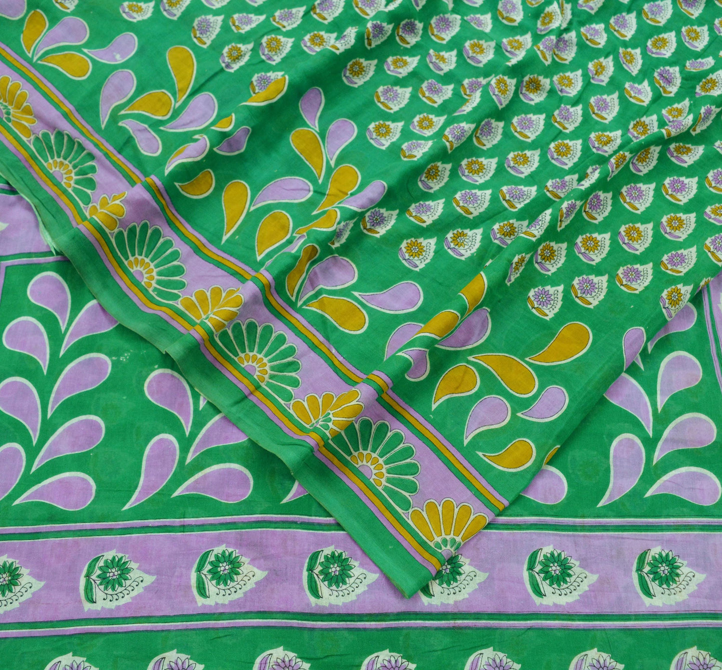 Indian Vintage Green Saree Printed Pure Cotton Indian Sari Craft Soft Fabric 5Yard Sewing Sarong Wrap Boho Floral