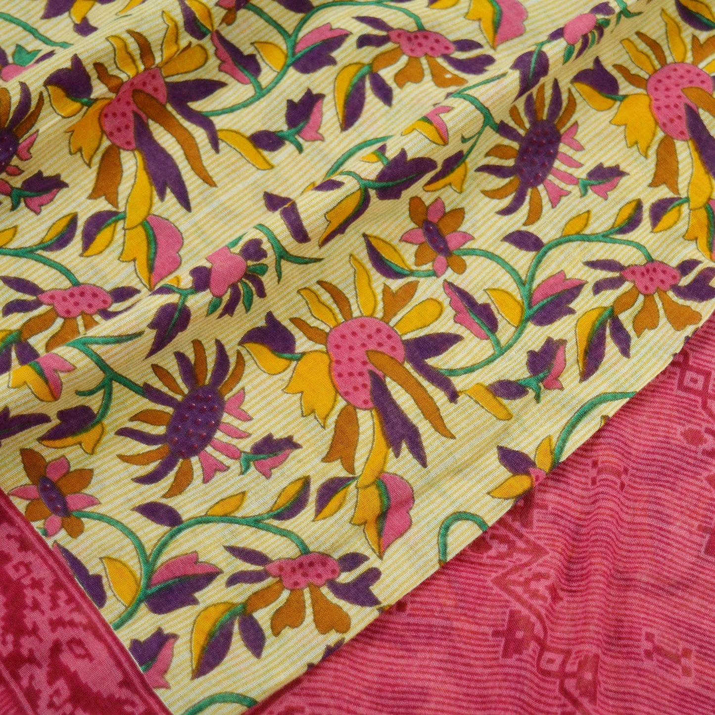 Indian Vintage Pink & Beige Saree Printed 100% Pure Cotton Sari Craft Fabric 5Yd Soft Sewing Sarong Wrap Floral Dress making Quilting