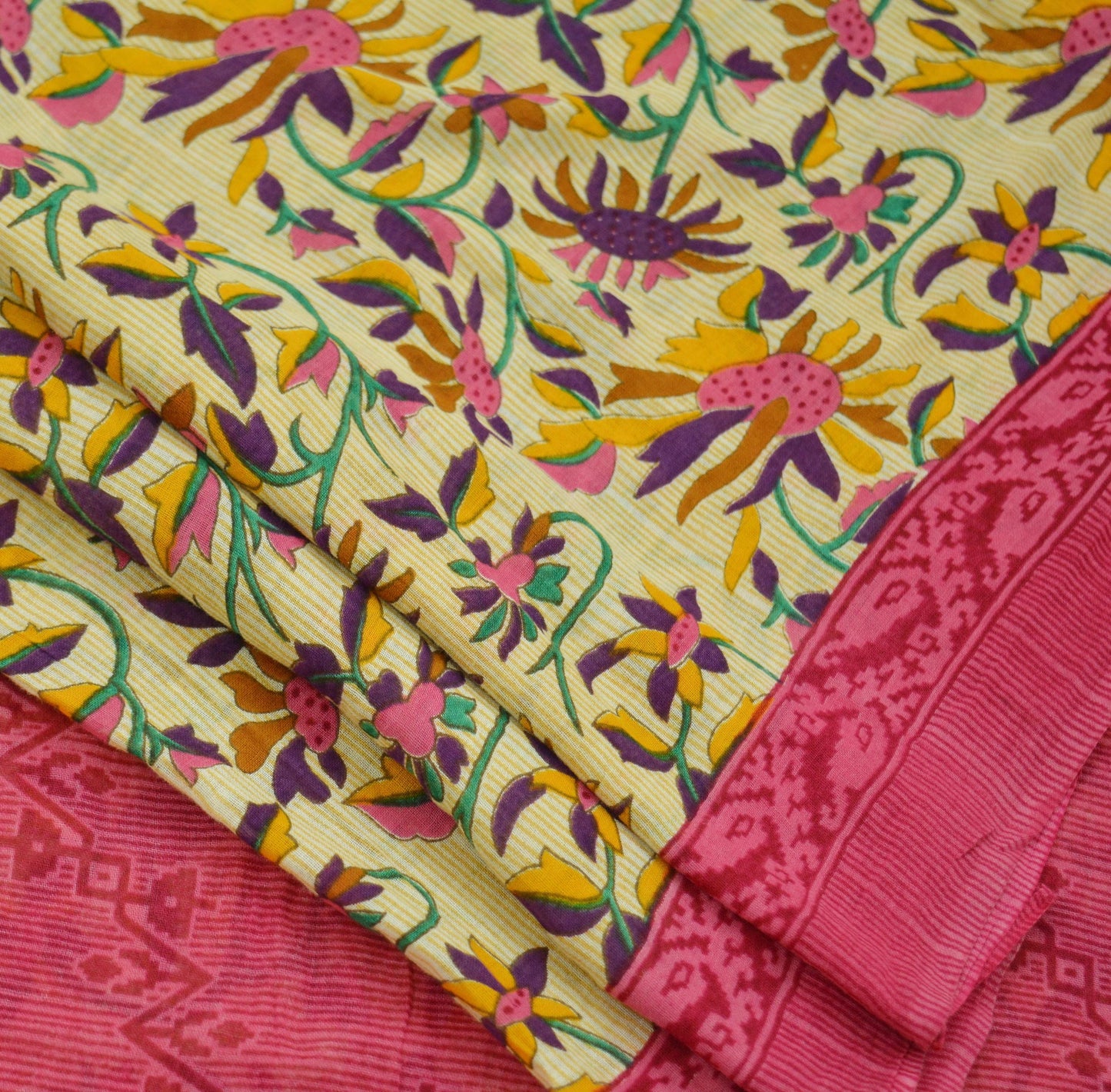 Indian Vintage Pink & Beige Saree Printed 100% Pure Cotton Sari Craft Fabric 5Yd Soft Sewing Sarong Wrap Floral Dress making Quilting