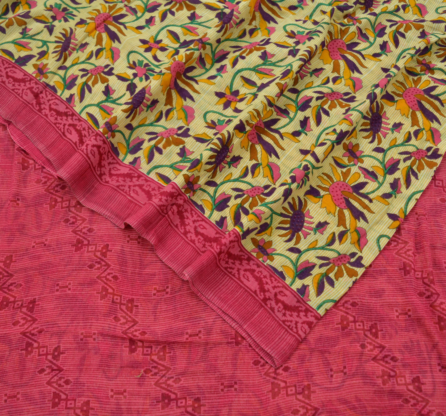 Indian Vintage Pink & Beige Saree Printed 100% Pure Cotton Sari Craft Fabric 5Yd Soft Sewing Sarong Wrap Floral Dress making Quilting