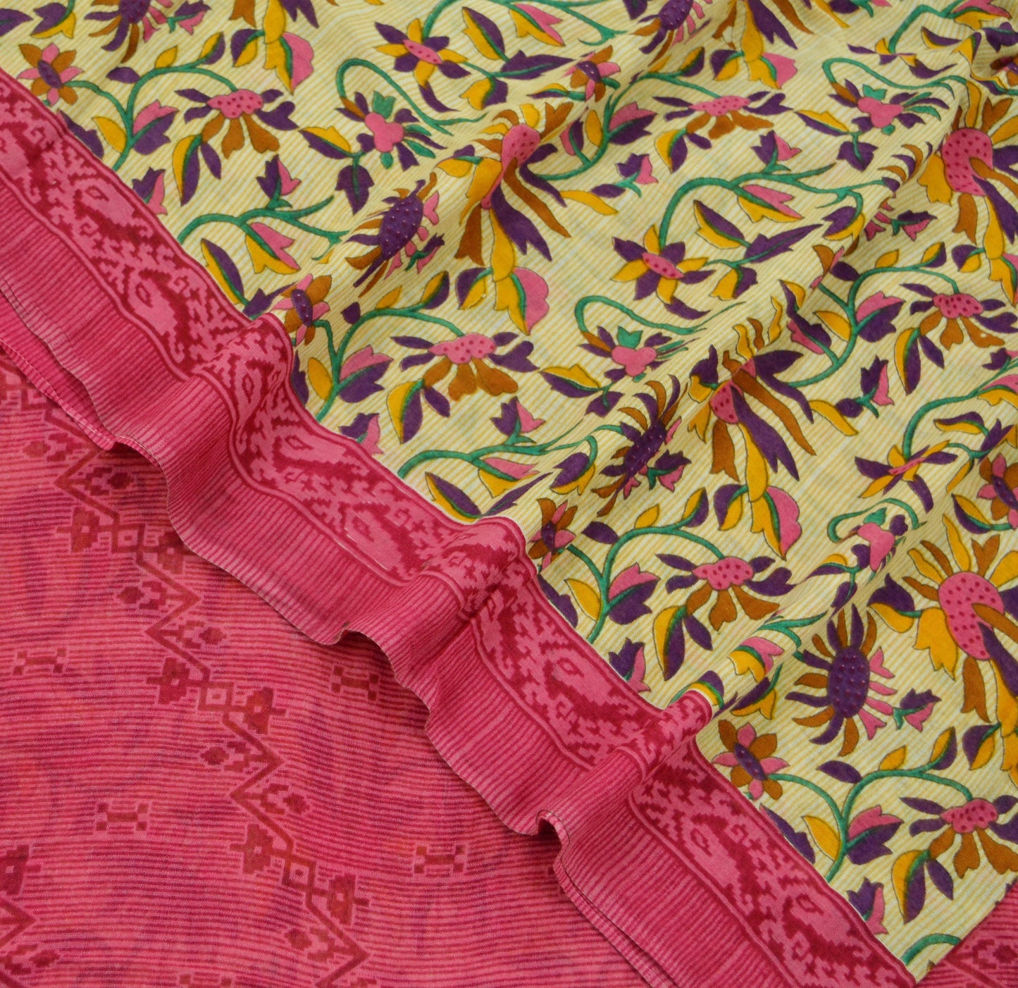 Indian Vintage Pink & Beige Saree Printed 100% Pure Cotton Sari Craft Fabric 5Yd Soft Sewing Sarong Wrap Floral Dress making Quilting