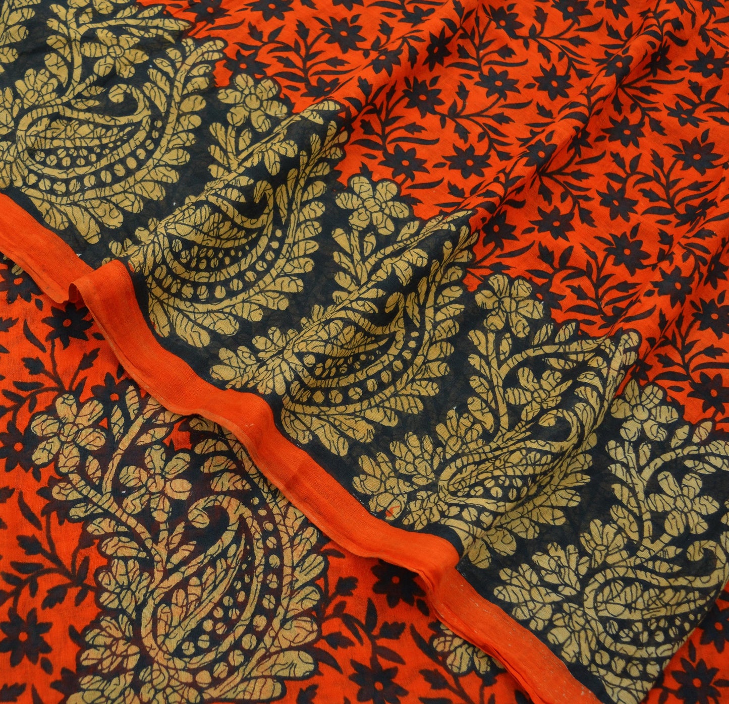 Indian Vintage Sari Black & Orange Printed Pure Cotton Saree Craft Fabric Soft Floral 5Yd Sarong Wrap Boho Kimono Soft Dress making Quilting