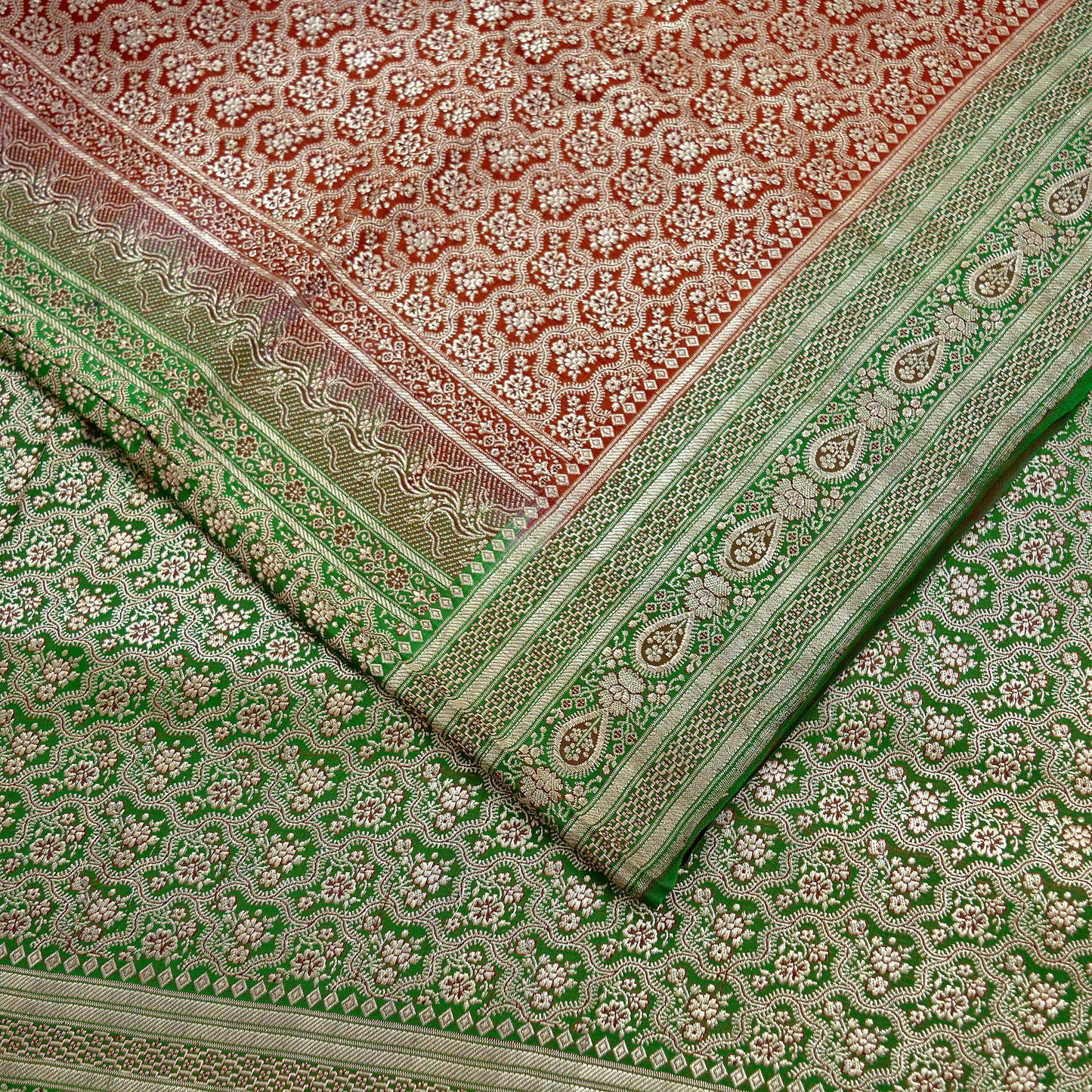 Indian Vintage Heavy Wedding Sari Red & Green Pure Satin Silk Woven Banarasi Brocade Sarees Zari 5Yd Fabric Upcycle Crafting Dress Making
