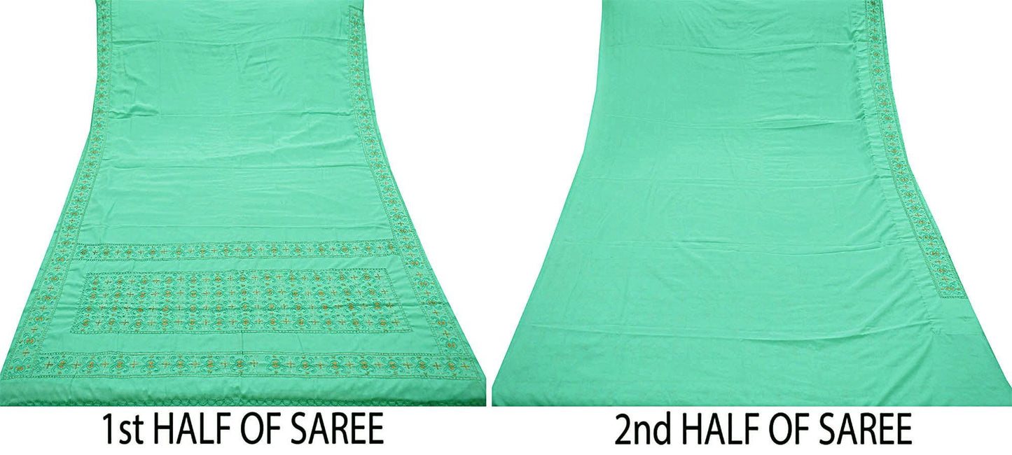Indian Vintage Sari Green Art Silk Hand Embroidered Sarees Craft Fabric 5Yd Sewing Soft Golden Zardozi/Zari Floral Upcycle Dress Making used