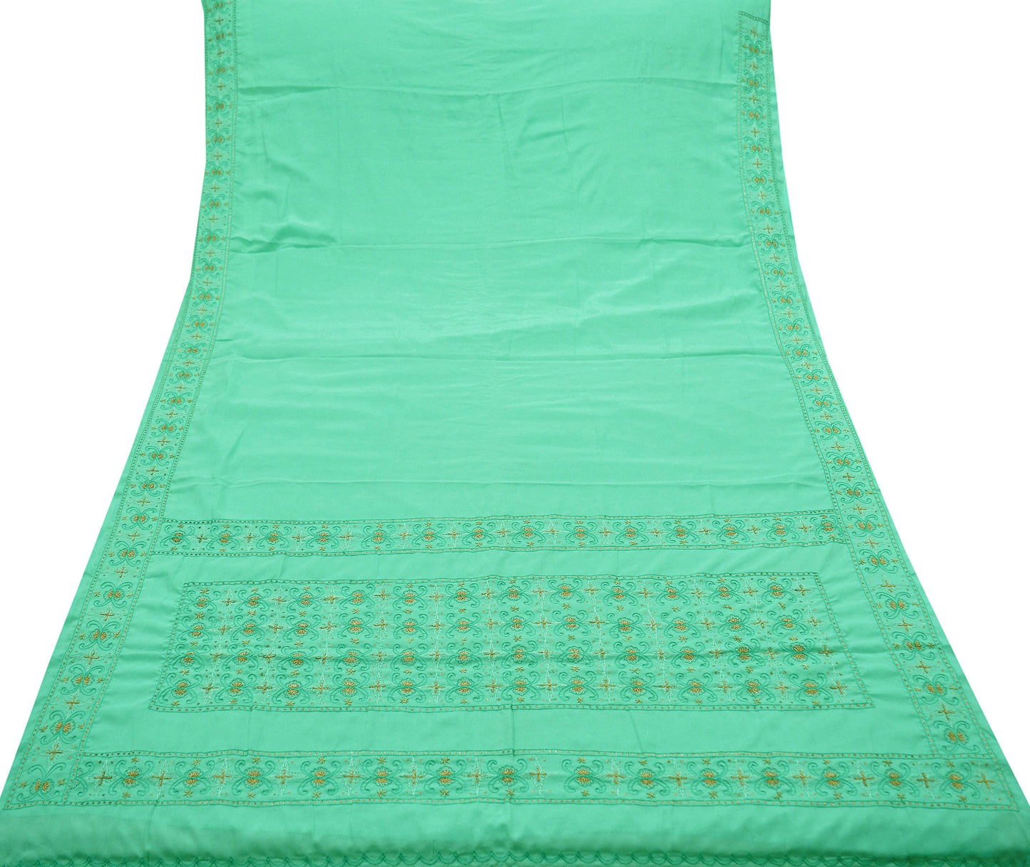Indian Vintage Sari Green Art Silk Hand Embroidered Sarees Craft Fabric 5Yd Sewing Soft Golden Zardozi/Zari Floral Upcycle Dress Making used