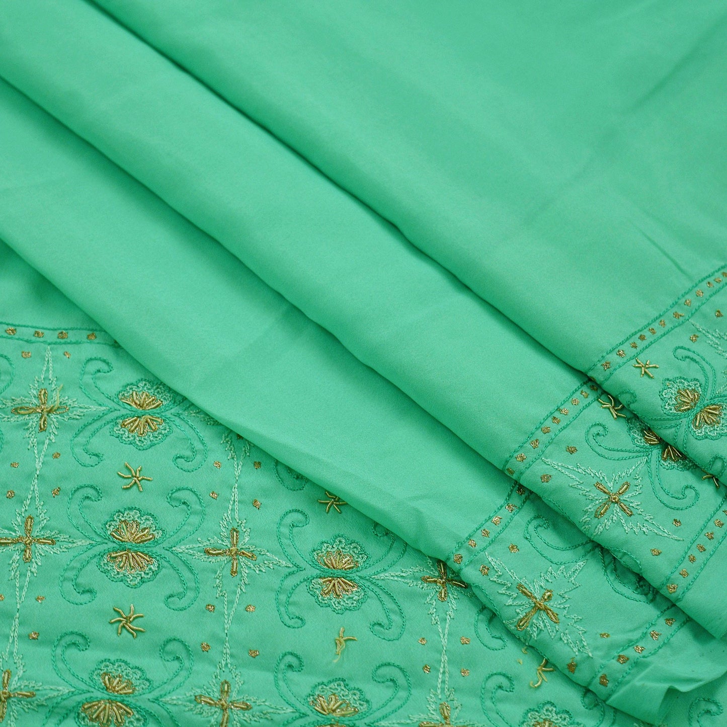 Indian Vintage Sari Green Art Silk Hand Embroidered Sarees Craft Fabric 5Yd Sewing Soft Golden Zardozi/Zari Floral Upcycle Dress Making used