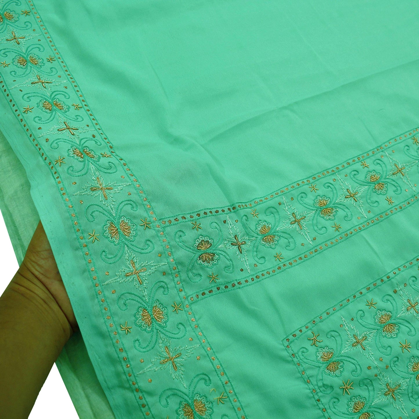 Indian Vintage Sari Green Art Silk Hand Embroidered Sarees Craft Fabric 5Yd Sewing Soft Golden Zardozi/Zari Floral Upcycle Dress Making used