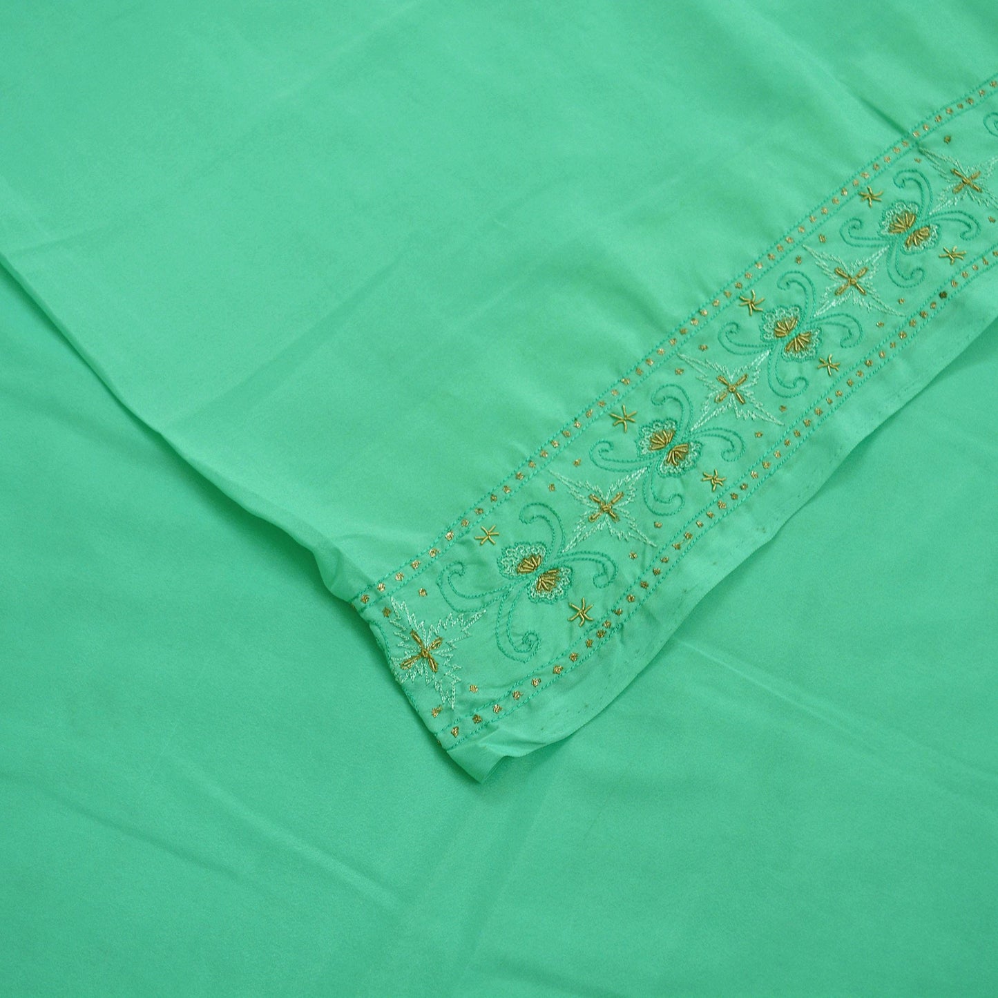 Indian Vintage Sari Green Art Silk Hand Embroidered Sarees Craft Fabric 5Yd Sewing Soft Golden Zardozi/Zari Floral Upcycle Dress Making used