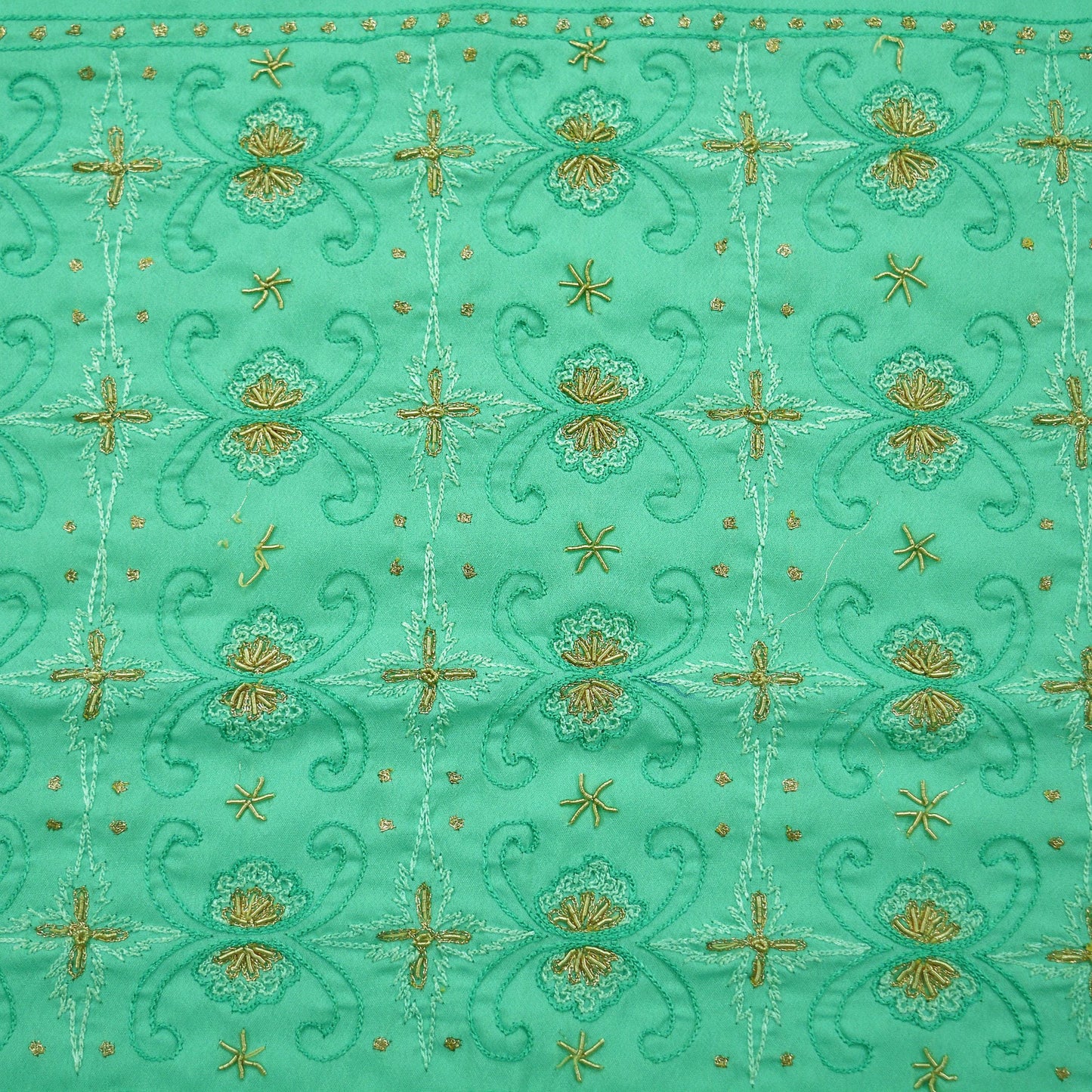Indian Vintage Sari Green Art Silk Hand Embroidered Sarees Craft Fabric 5Yd Sewing Soft Golden Zardozi/Zari Floral Upcycle Dress Making used